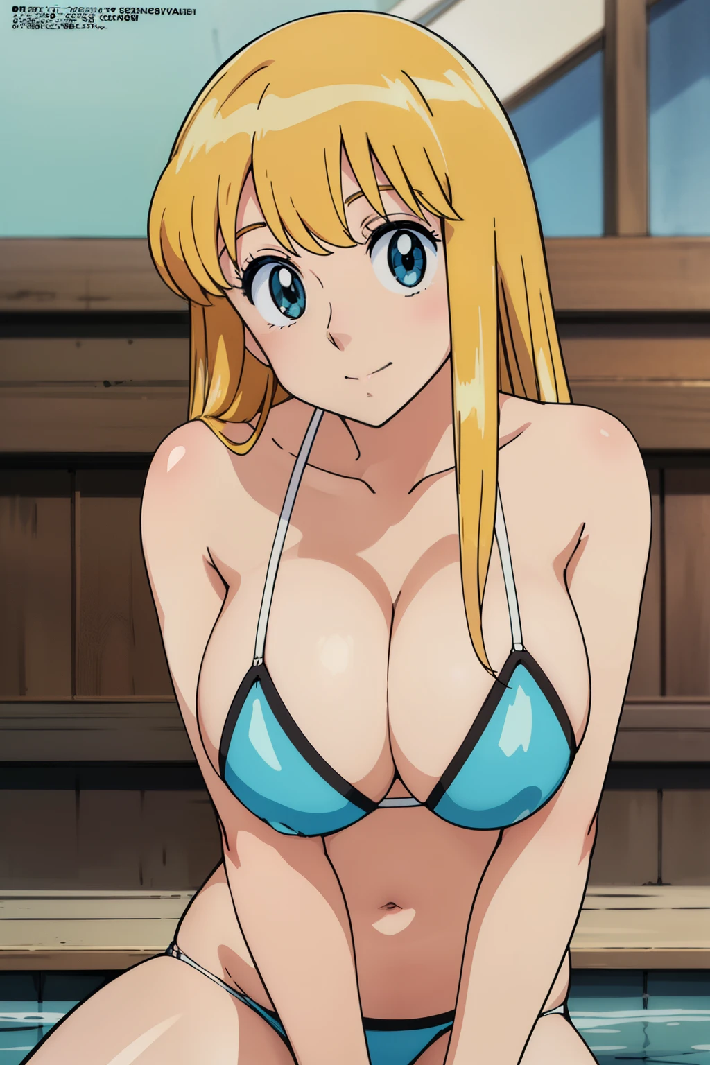 (anime cels style, Masterpiece, best quality, high resolution, anime colored, megami magazine:1.2, anime poster style, anime keyvisual, sharp, 8k, photorealistic), (beautiful eyes:1.5), reiko_aiwaifu, 1girl, blond hair, long hair, (sagging huge breast), (beautiful nude), bikini, cleavage, (upper body, sitting), (perfect detailed anatomy, perfect arms, perfect fingers, beautiful face, perfect body, shiny skin), onsen,