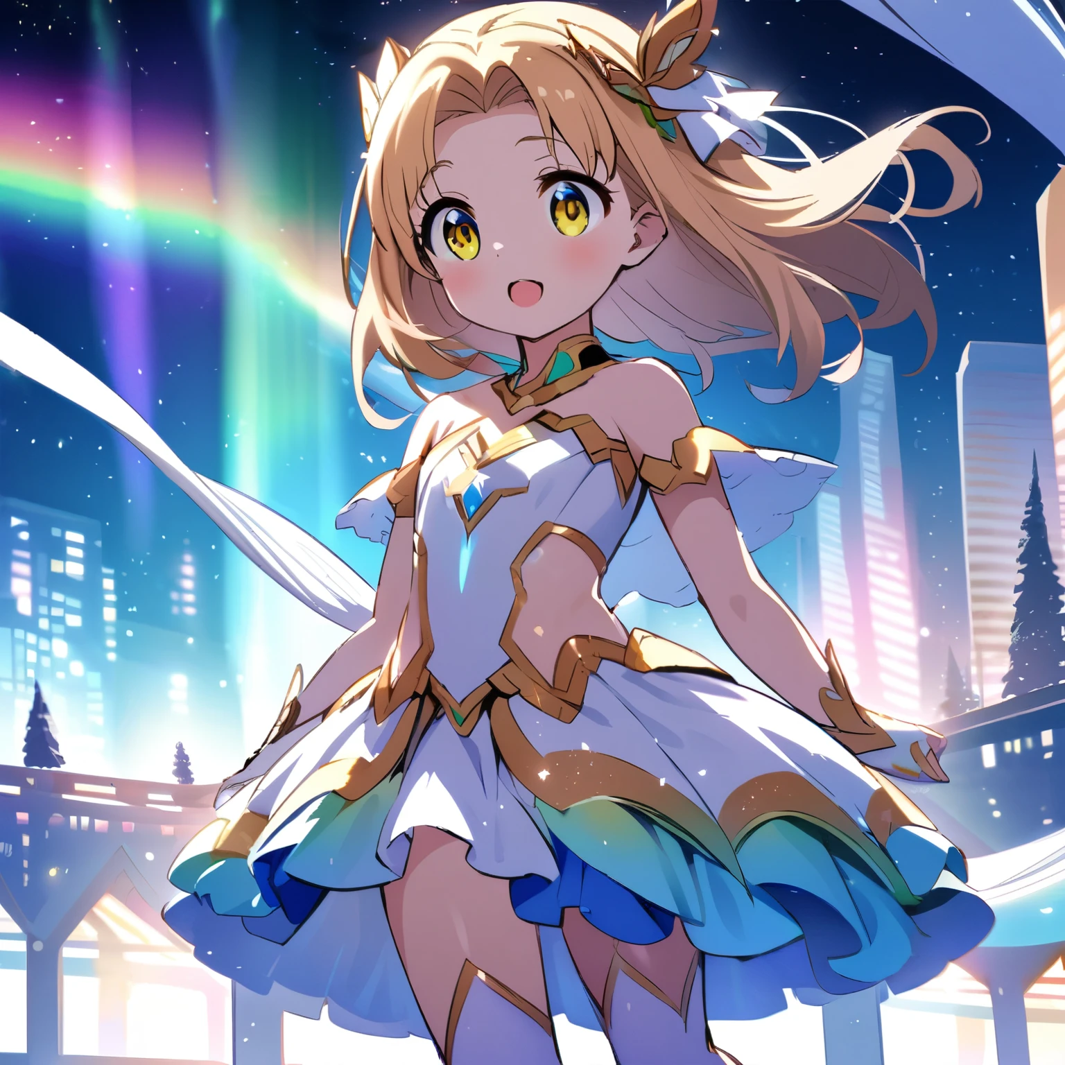 ad), (loli, petite), beautl robot princess, wearing the brilliance of the aurora, runs through the night city. The aurora’s light spreads around her, and its beauty envelops the surroundings like magic. And at the center of that scene stands a beautiful robot princess. She runs gracefully, giving courage and hope to the people around her.Rainbow-colored