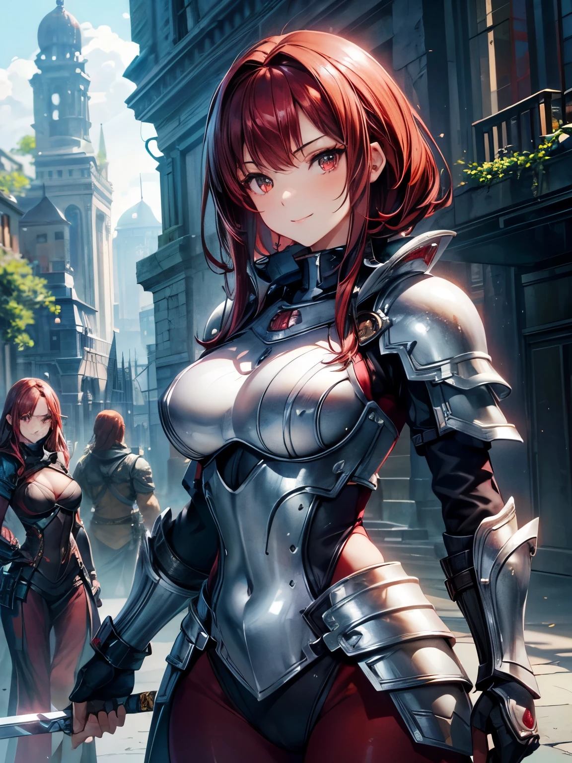 highest quality、Nice sexy body、One Woman、solo、(Beautiful busty woman:1.5)、Medium hair woman、((Woman with dark red hair))、A woman in silver armor、Smiling woman、ruins、Woman Holding a Sword、Woman walking