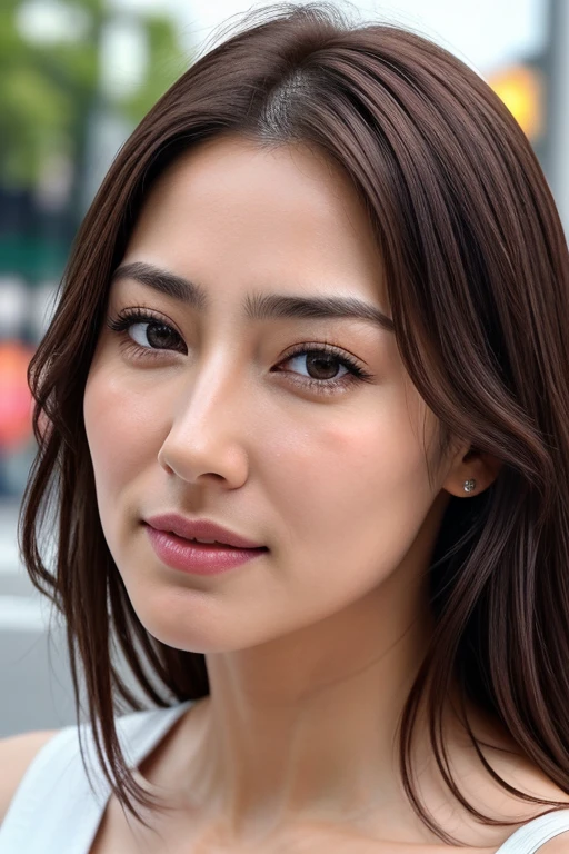 Beautiful Japanese actresses,1 girl,flying debris,,Award-winning photo, Very detailed, Keep your eyes focused, Nose and mouth,Face Focus, Extreme close up of face、 Age 35,Brown Hair、Symmetrical face,Realistic nostrils、Angle from below、Elongated C-shaped nostrils,(Sharp Nose)Sweaty skin、Shiny skin,(Brow wrinkles))（Cum on tongue)、((Thin eyebrows))Oily skin、Glowing Skin、double eyelid、、Beautiful woman、Medium Hair、Shortcuts、Tank top,I can see the sky、Shibuya Center Street、(((Show your side,throw))),Raise your eyebrows, (((Hold your mouth, Frowning, crazy, Frowning))), Textured skin,Long upper arms,((Cry with your eyes open, blush, Drunk, The face of endurance))Squat,Large Breasts,((Always lift your arms and show your sides))Long arms,