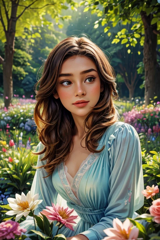 a beautiful girl in a garden,watercolor,soft colors,delicate flowers and trees,best quality,highres,vivid colors,detailed face,flowy dress,peaceful atmosphere,artistic,serene lighting