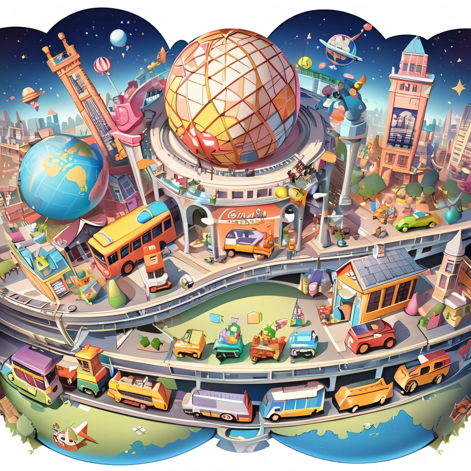 “Create a playful and colorful toy world illustration with a variety of whimsical buildings, assorted cute animal and robot toys, multiple vibrant toy buses traveling on tracks, all centered around a detailed globe under a starry sky.”