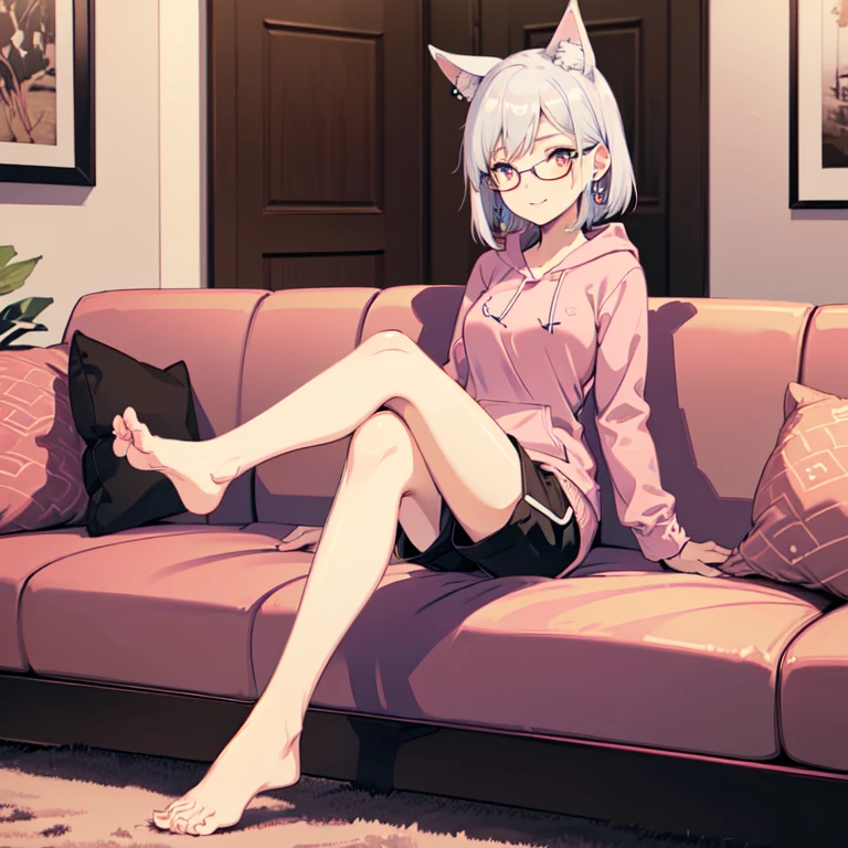 (Anime style), 1girl, 20 years old, mechanical limbs, [[weapon]], skin colored skin, (((sitting on a couch))), ((indoor) ((wearing a pink hoodie with animal ears)) , (wearing white mini shorts) , sharp eyes, light pink eyes, beautiful eyes, detailed eyes, beautiful silver hair, short hair, wearing glasses, earrings, cute pins on hoodie, holding a game controller, one hand is rested on her chest, medium chest size, perfect arms, perfect legs, perfect hands, anatomically correct hands, detailed hands, detailed feet, perfect feet, (adult body proportions), smiling, (playful and friendly expression), looking at viewer, ((high quality)) , best quality