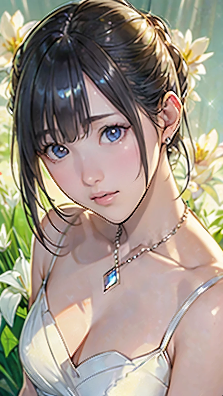 highres, manga-style, detailed eyes and face, realistic shadows, porcelain skin, small breasts, black hair, extremely detailed features, 8K resolution, perfect facial structure, flawless lips, perfect nose, beautiful expressive eyes, looking at the viewer, white shirt, floral hair accessory, masterpiece:1.2, single girl, braless, pantyless, cowboyshot