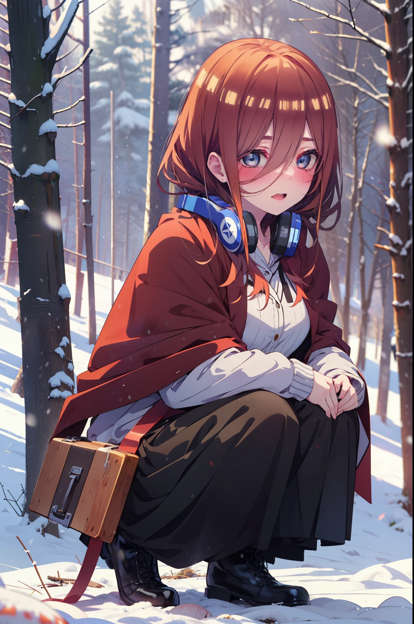 Miku Nakano, Miku Nakano, Long Hair, bangs, Brown Hair, shirt, Hair between the eyes, cardigan, Headphones around neck,smile,blush,White Breath,
Open your mouth,snow,A bonfire on the ground, Outdoor, boots, snowing, From the side, wood, suitcase, Cape, Blurred, Increase your meals, forest, White handbag, nature,  Squat, Mouth closed, フードed Cape, winter, Written boundary depth, Black shoes, red Cape break looking at viewer, Upper Body, whole body, break Outdoor, forest, nature, break (masterpiece:1.2), highest quality, High resolution, unity 8k wallpaper, (shape:0.8), (Beautiful and beautiful eyes:1.6), Highly detailed face, Perfect lighting, Highly detailed CG, (Perfect hands, Perfect Anatomy),