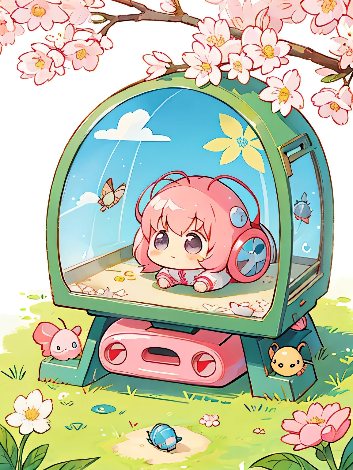 Momoko Sakura style, Kawaii Design, Chibi, beautiful spring afternoon、Lots of friendy friend is a pillbug、lovely colorful pillbug