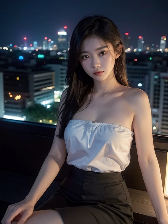 a girl around 20 year old in the strapless shirt sitting  in roof top restaurant , Bangkok city light background , dark theme , mood and tone , light and shadow , realistic portrait , 4k , Photo by Leica M11