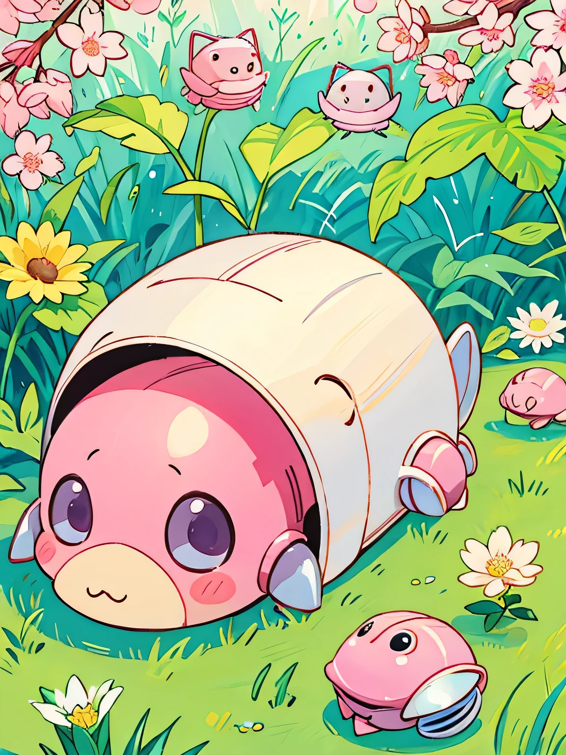 Momoko Sakura style, Kawaii Design, Chibi, beautiful spring afternoon、Lots of friendy friend is a pillbug、lovely colorful pillbug
