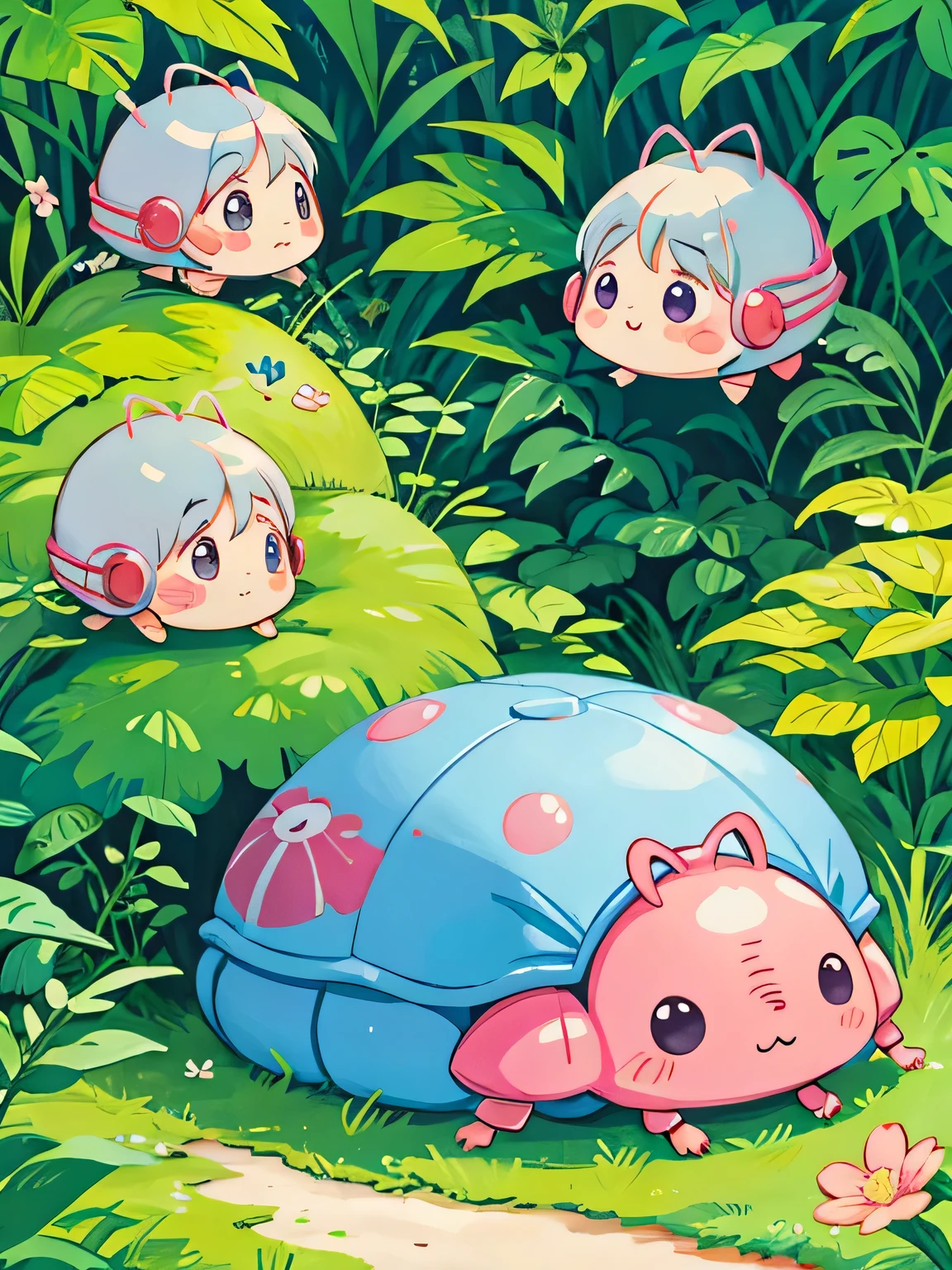 Momoko Sakura style, Kawaii Design, Chibi, beautiful spring afternoon、Lots of friendy friend is a pillbug、lovely colorful pillbug