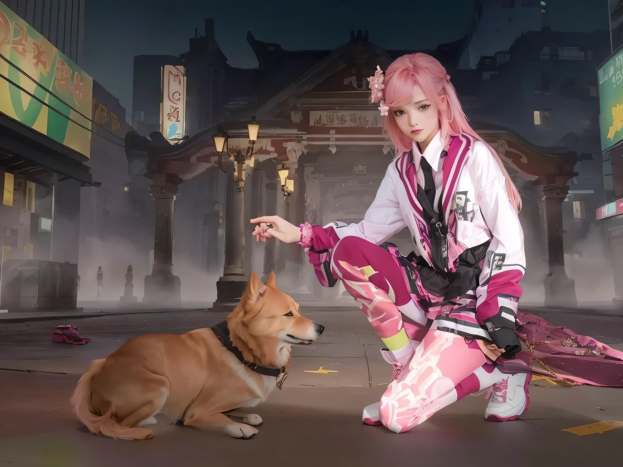 beautiful girl with pink hair and pink shoes kneeling next to a dog