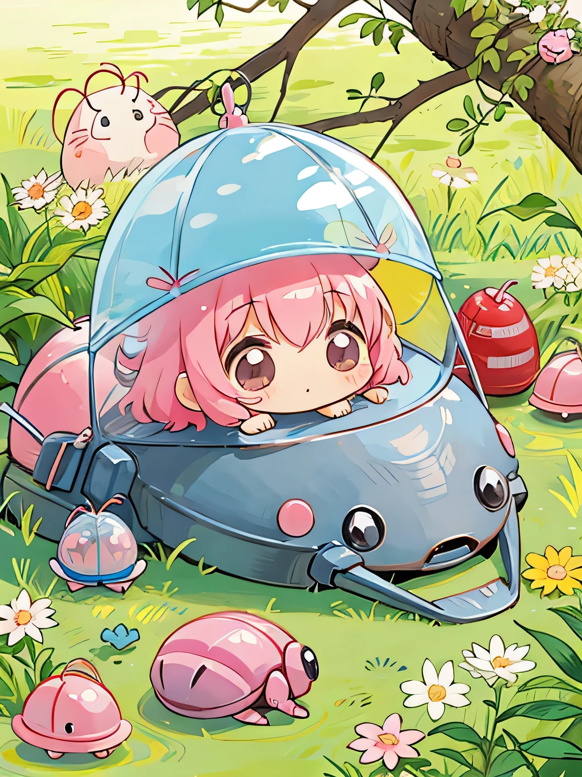 Momoko Sakura style, Kawaii Design, Chibi, beautiful spring afternoon、Lots of friendy friend is a pillbug、lovely colorful pillbug