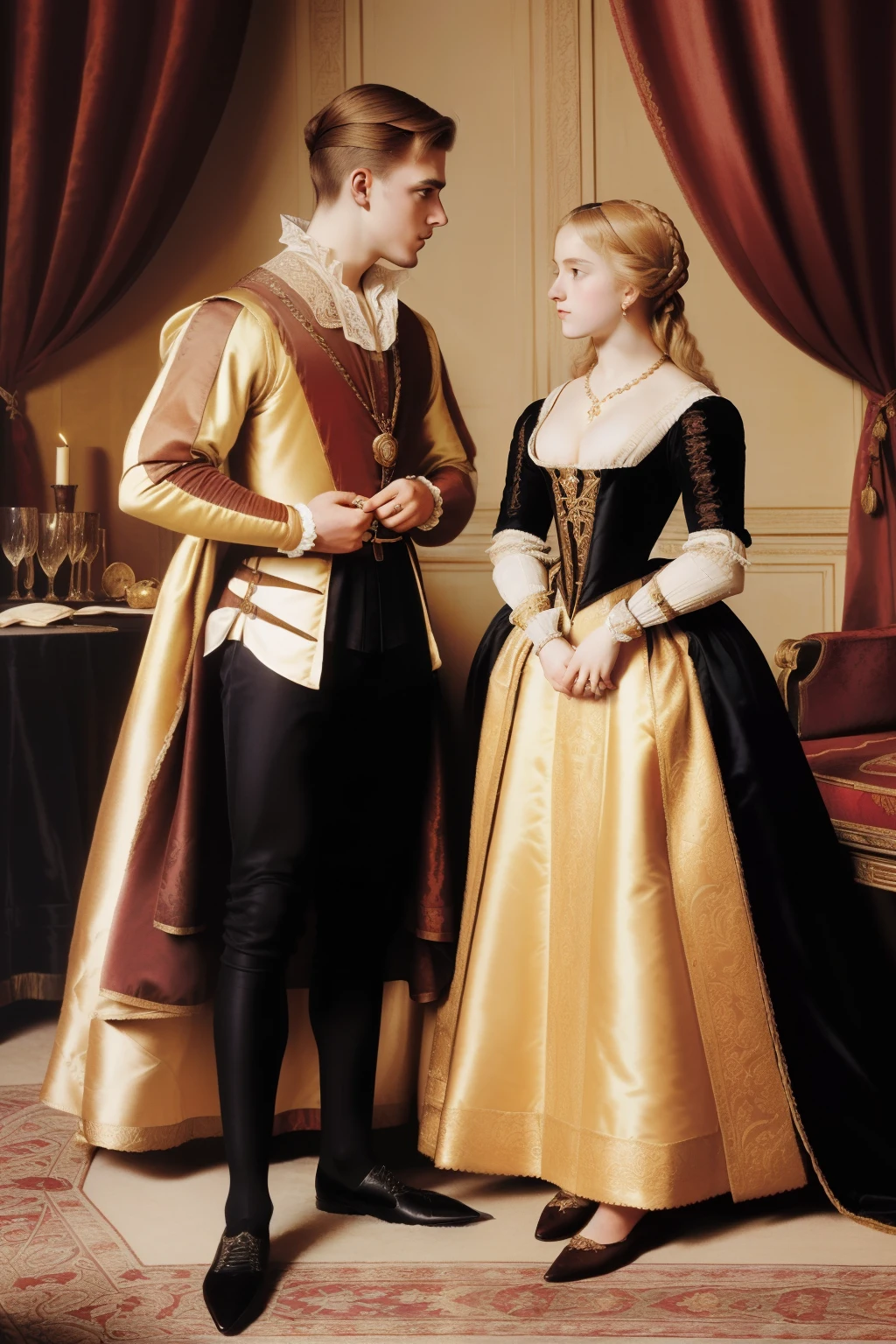 Paris, 1560. A young ((((21-year-old)) Pierre Aumande)), handsome, ambitious, evil, cruel, distinguished appearance, strong pressence, in a luxurious palace room, kissing a lady, ((((clothings from the 1560s)))), ((blonde hairstyle of the 1560s)), colorful, realistic
