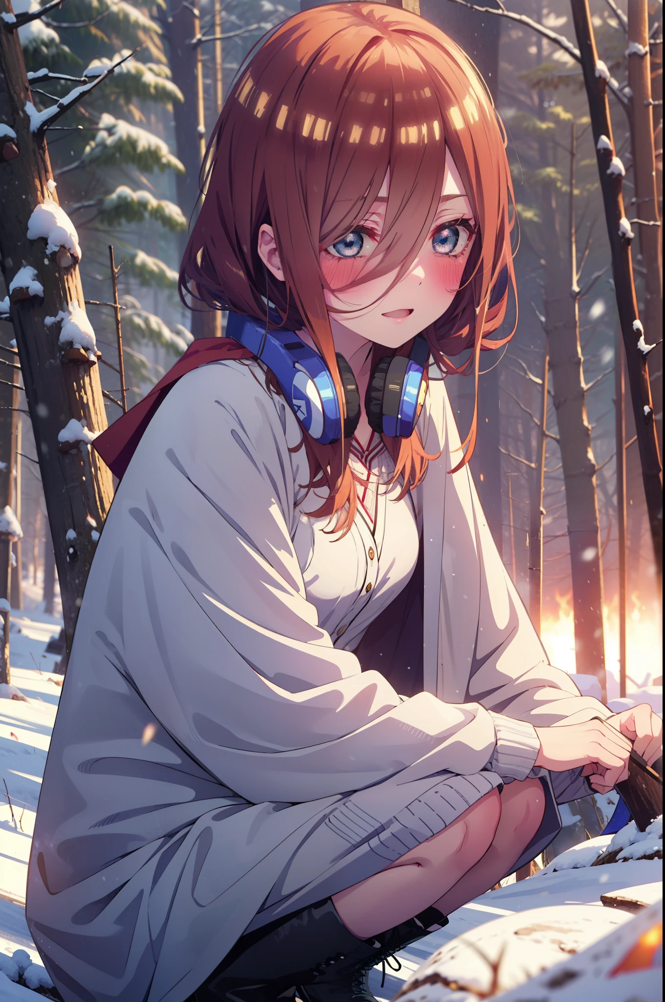 Miku Nakano, Miku Nakano, Long Hair, bangs, Brown Hair, shirt, Hair between the eyes, cardigan, Headphones around neck,smile,blush,White Breath,
Open your mouth,snow,A bonfire on the ground, Outdoor, boots, snowing, From the side, wood, suitcase, Cape, Blurred, Increase your meals, forest, White handbag, nature,  Squat, Mouth closed, フードed Cape, winter, Written boundary depth, Black shoes, red Cape break looking at viewer, Upper Body, whole body, break Outdoor, forest, nature, break (masterpiece:1.2), highest quality, High resolution, unity 8k wallpaper, (shape:0.8), (Beautiful and beautiful eyes:1.6), Highly detailed face, Perfect lighting, Highly detailed CG, (Perfect hands, Perfect Anatomy),