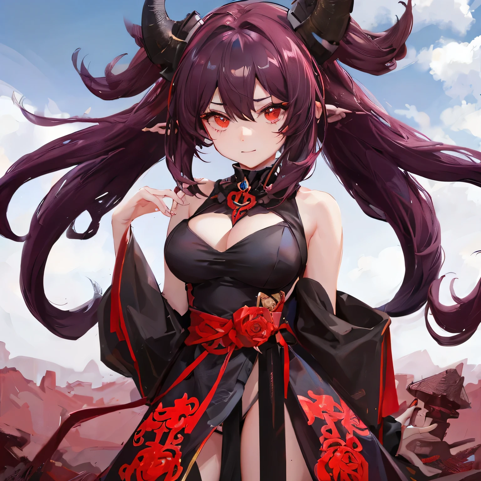 Oni girl, red eyes, large hair, coletas cuernos grandes,