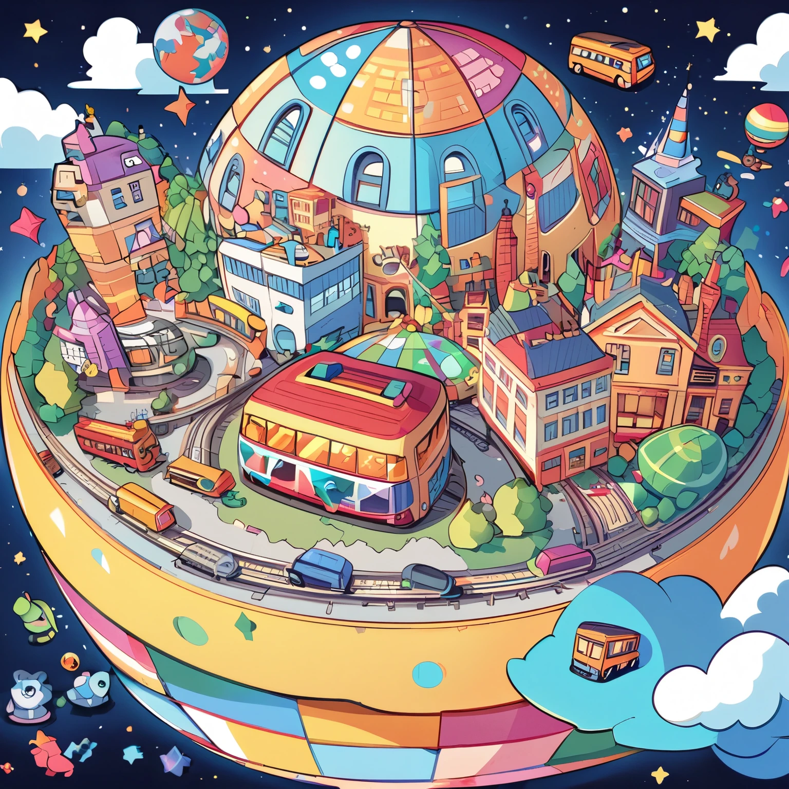 “Create a playful and colorful toy world illustration with a variety of whimsical buildings, assorted cute animal and robot toys, multiple vibrant toy buses traveling on tracks, all centered around a detailed globe under a starry sky.”