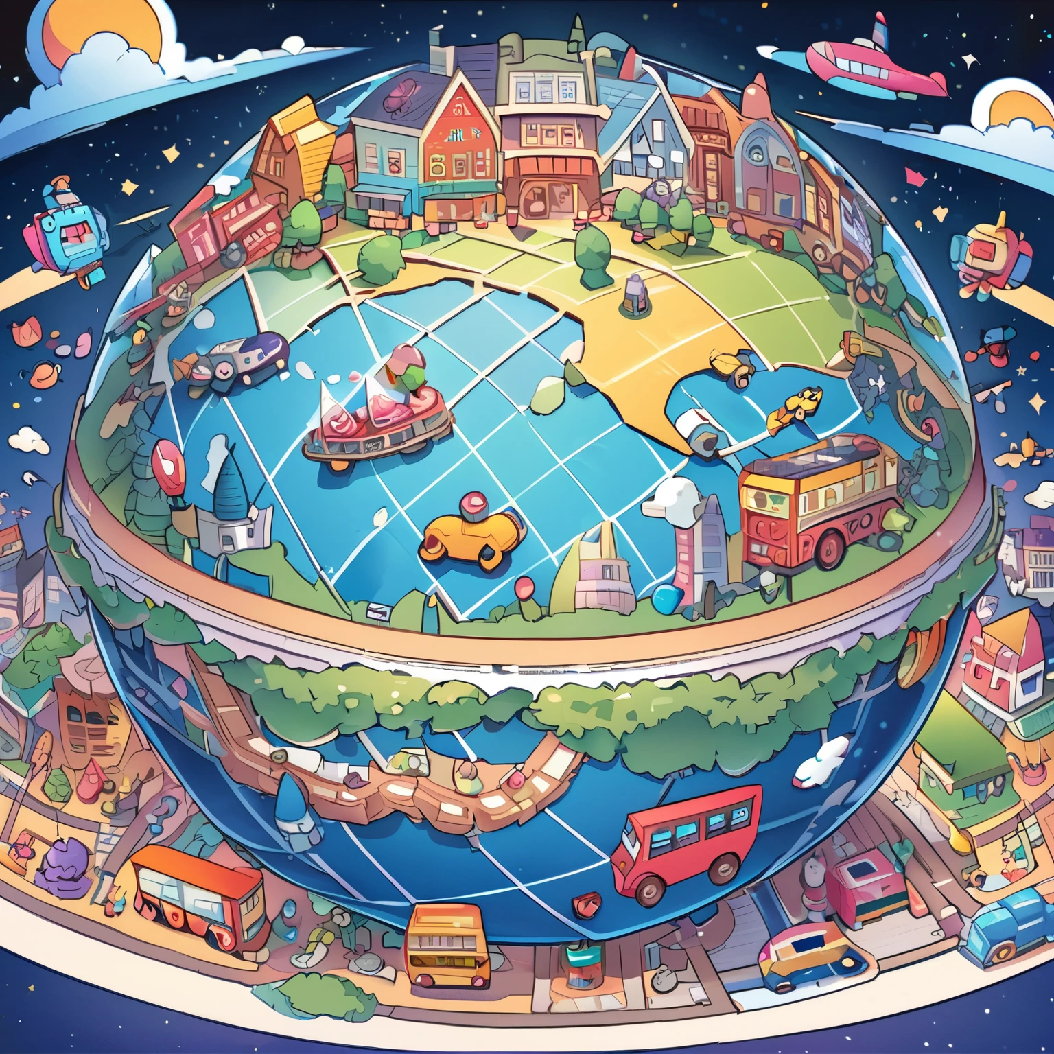 “Create a playful and colorful toy world illustration with a variety of whimsical buildings, assorted cute animal and robot toys, multiple vibrant toy buses traveling on tracks, all centered around a detailed globe under a starry sky.”