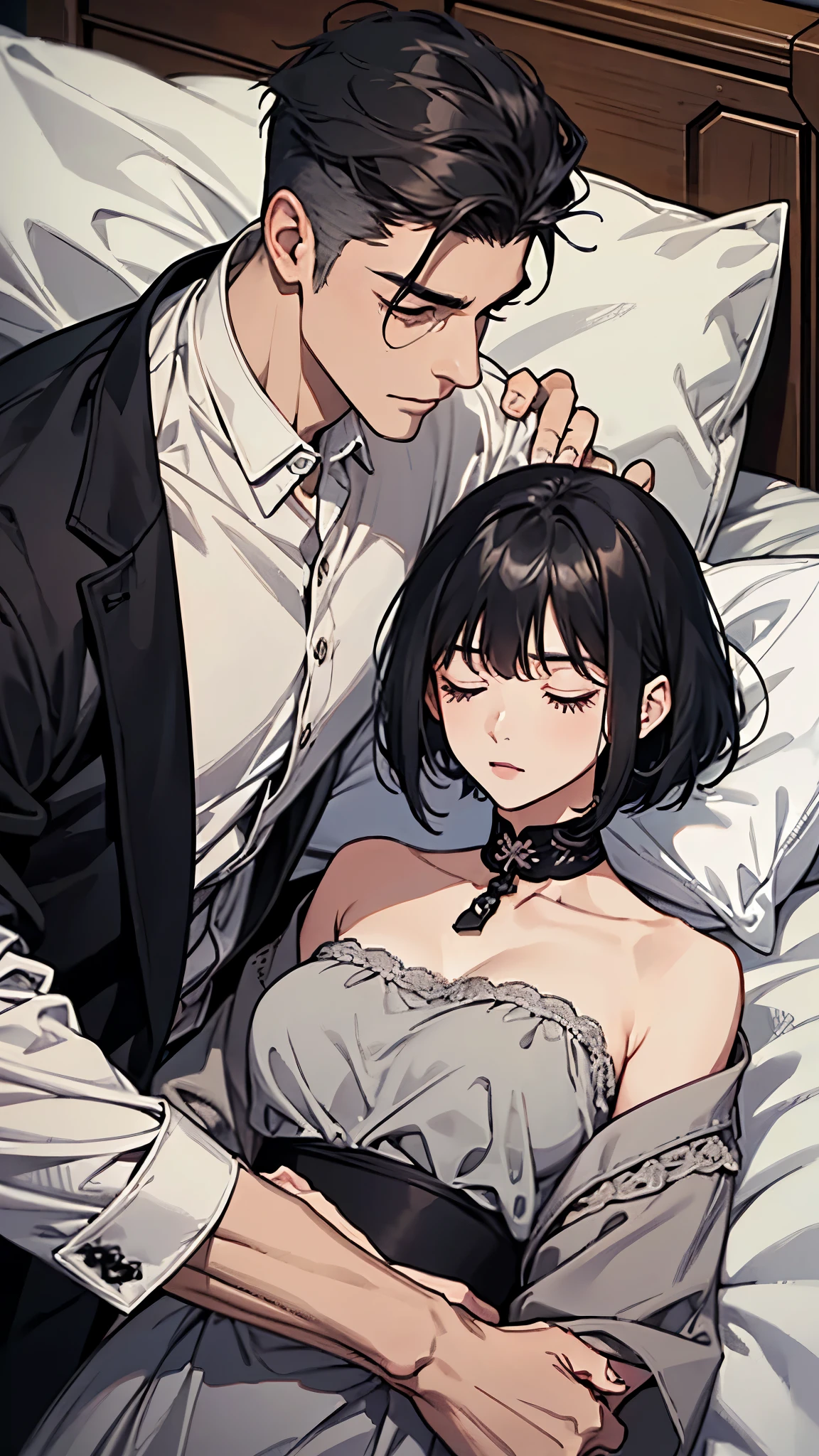 A tall man with short grey hair and a tough look、A girl with black hair, a bob and big breastan and woman lovers、Sleeping together in bed、Age Difference、love story、Uncle and 、Height difference、Wrist pillow