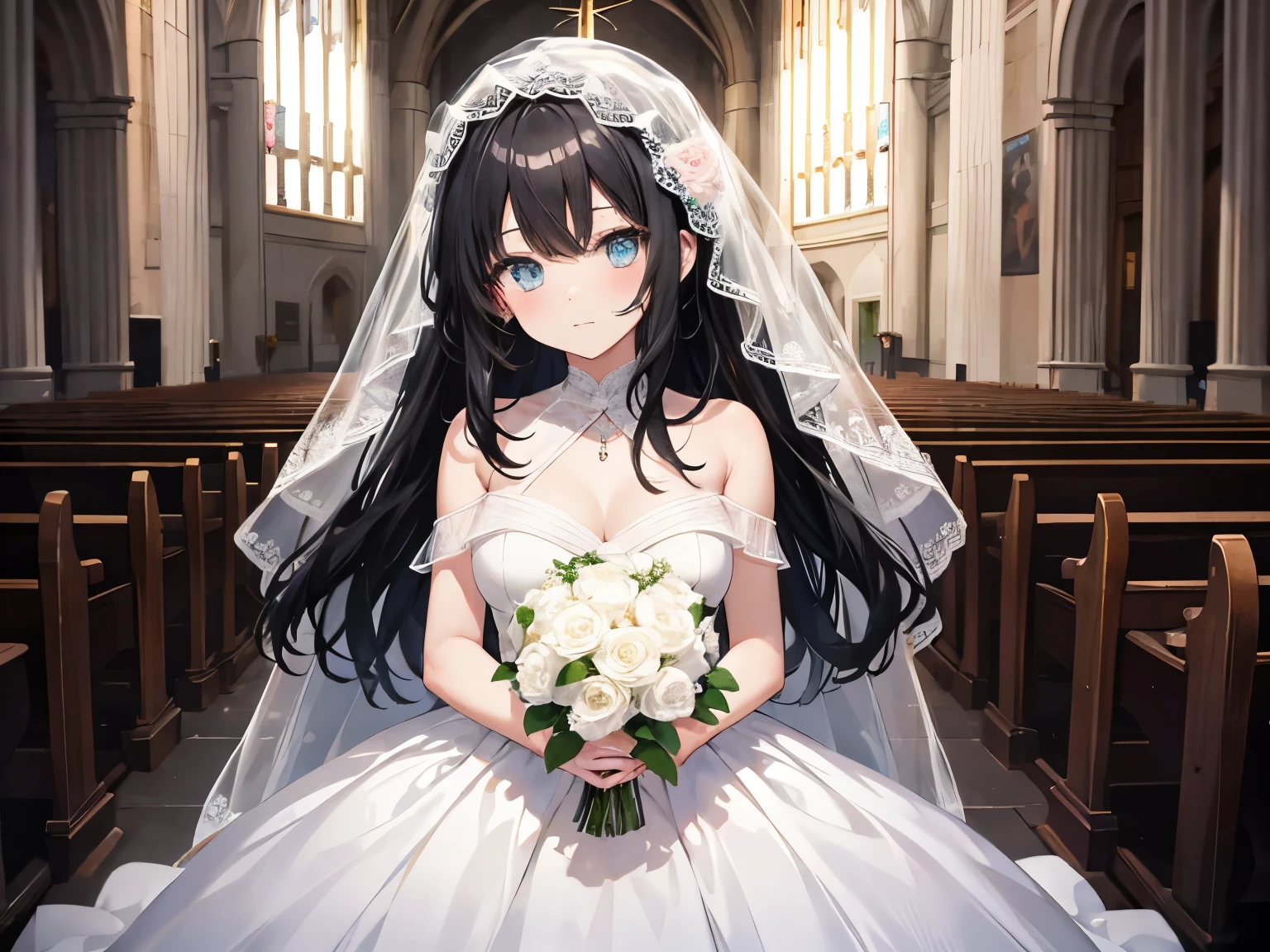 Black hair, turquoise eyes, cute anime girl image., greedy face, cowboy shoot, 1 woman、one woman, high resolution,Masterpiece,Highest quality, ,1 woman, alone, hair flower, Wedding again SS, holding a bouquet of flowers in hand, Cha, church, white bridal veil, wedding dress, wedding style, Whole body, was revealed, Put one out.&#39;shoulder, Show your skin, white dress , Open your mouth and laugh., smile, Close one eye