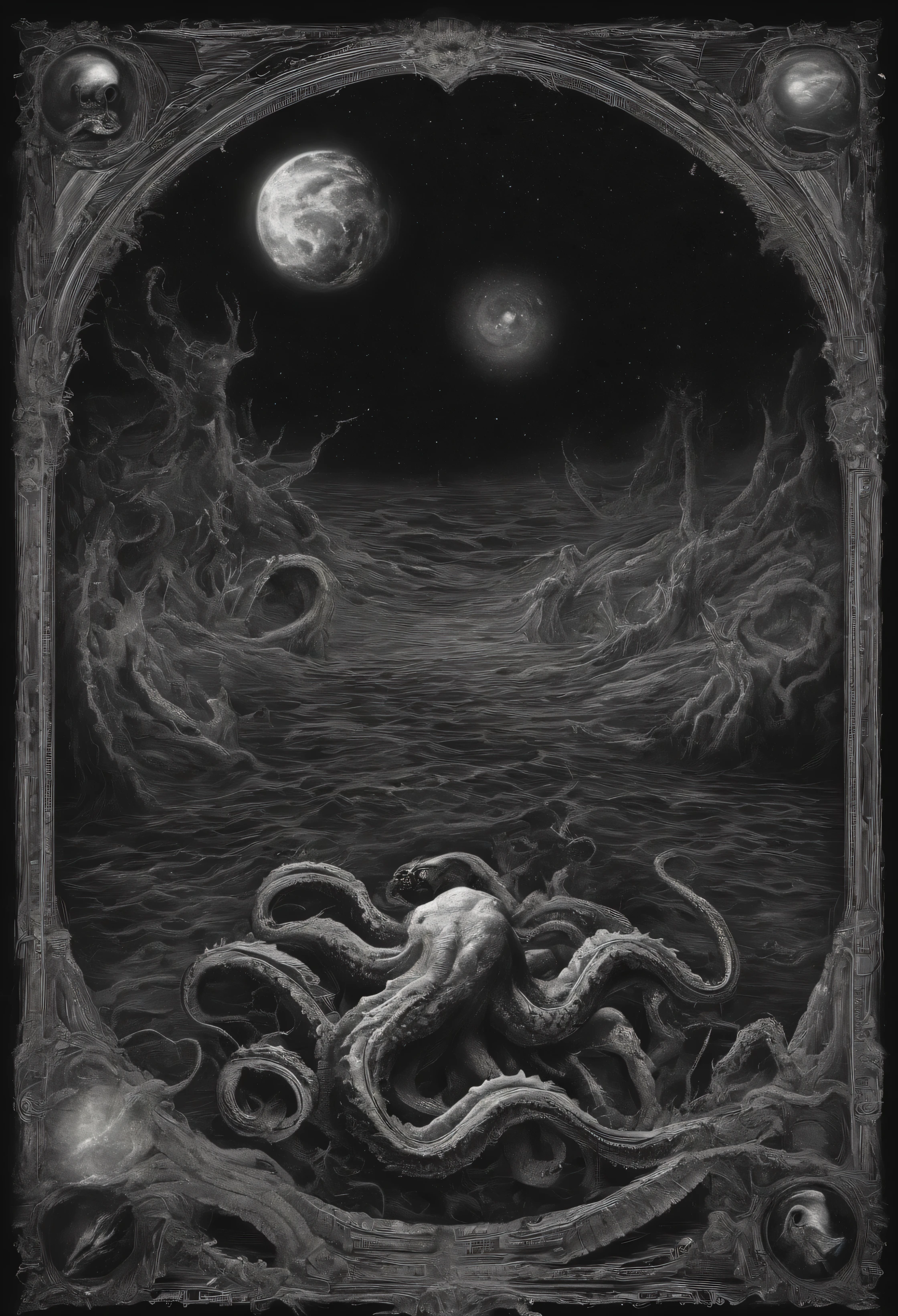 Hay un planeta en el medio., Tentacles in the universe, lovecraftiano inspiration, Lovecraftian cosmic fear, lovecraftiano hellscape, Fantasy and cosmic horror film., lovecraftian atmosphere, lovecraftiano, Un planeta en el espacio abierto