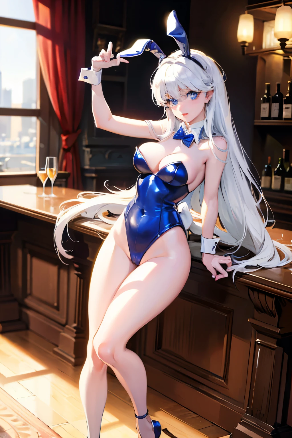 Masterpiece, white hair, blue eyes, expressive eyes, beautiful woman, Playboy Bunny costume, long hair, thin waist, hip girl, thin legs, in a bar
