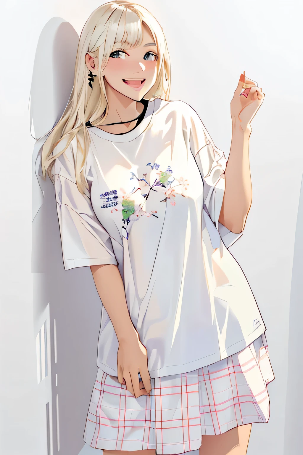 A woman taking a photo wearing a white shirt and a plaid skirt, Short sleeve, T-Shirts!!, Casual clothing, White fashionable clothes, Graphic T-Shirts, Wearing white T-shirts, T-shirts, T-Shirts, wearing a T-Shirts, white T-Shirts, kimono, Cute shirt and jeans, Simple clothes, ( Ivory Black ), Japanese Streetwear,(whole body:1.5),highest quality,