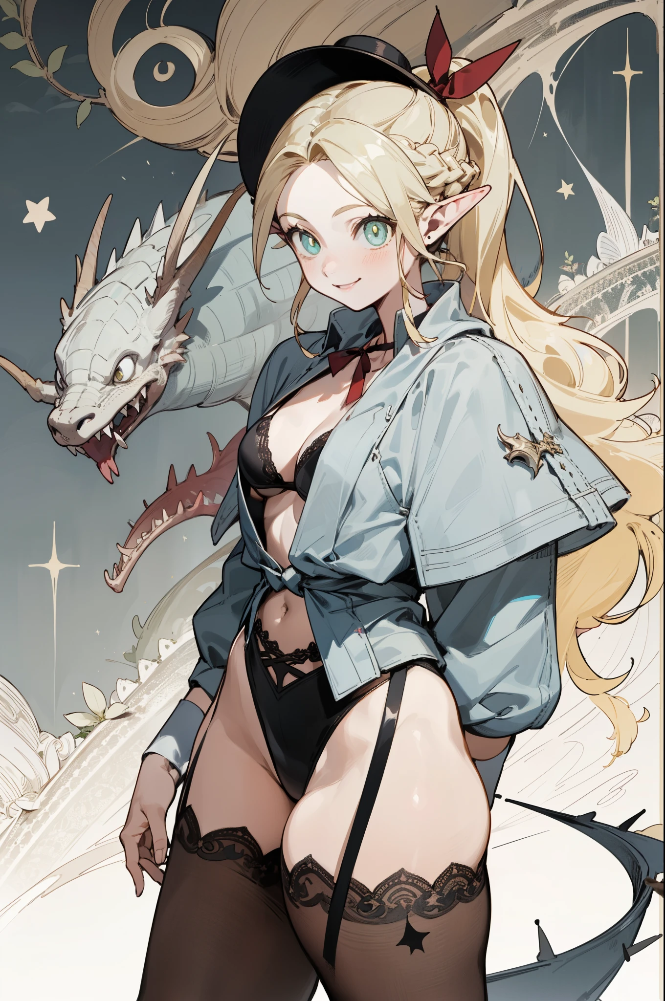 A girl in a black bikini、Wearing a hat，masterpiece, best quality) detailed,silver accessories , Blonde ,elegant, Pointed ears ，Ponytail，Waist-length hair，Smile，Star decoration，Lace lace socks，vampire，Lace underwear，Lace stockings，Exposing thighs，Wearing black tights，Tied by thorns，Dragon