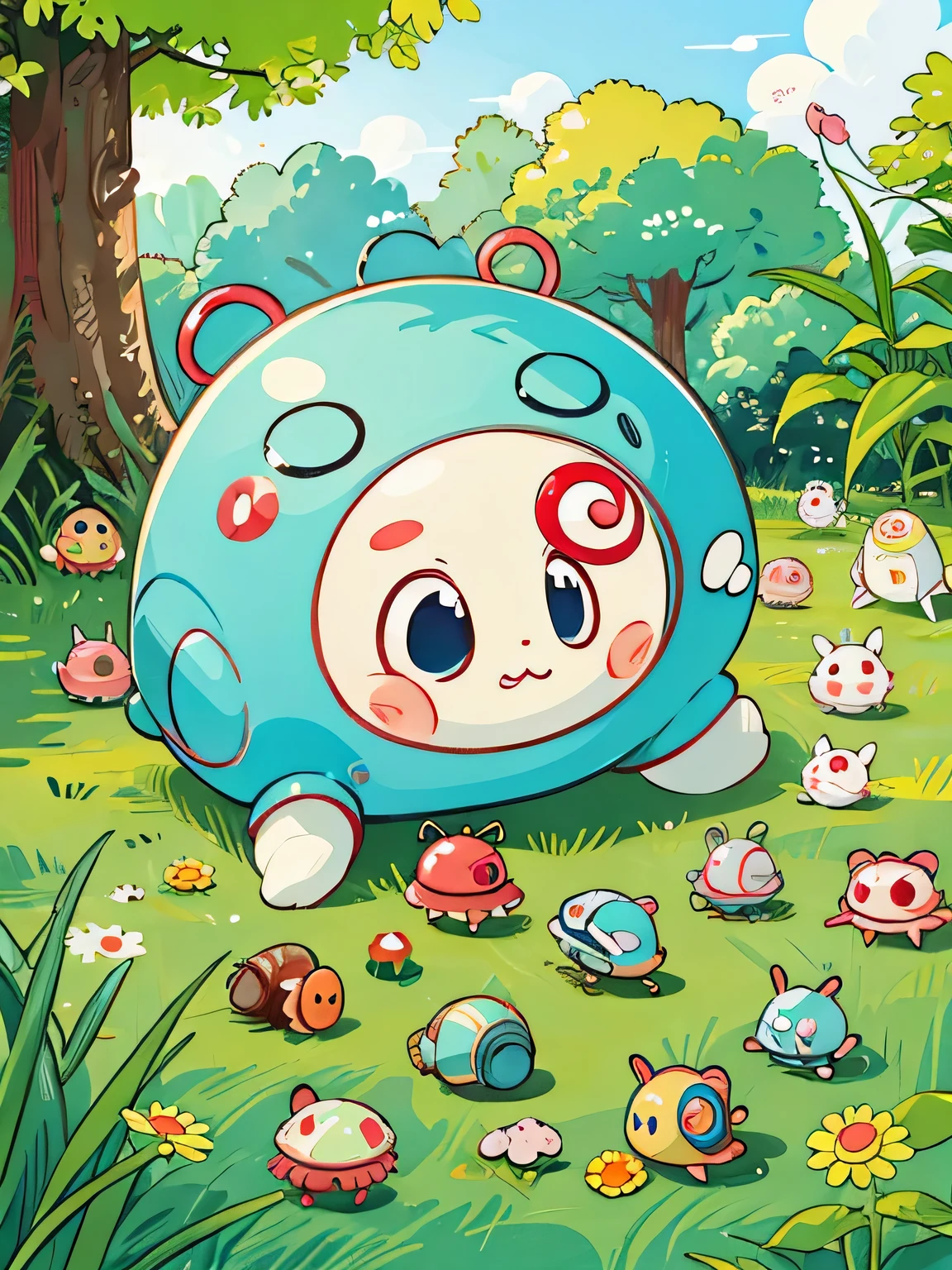 Takashi Murakami style, Kawaii Design, Chibi, beautiful spring afternoon、Lots of friendy friend is a pillbug、lovely colorful pillbug