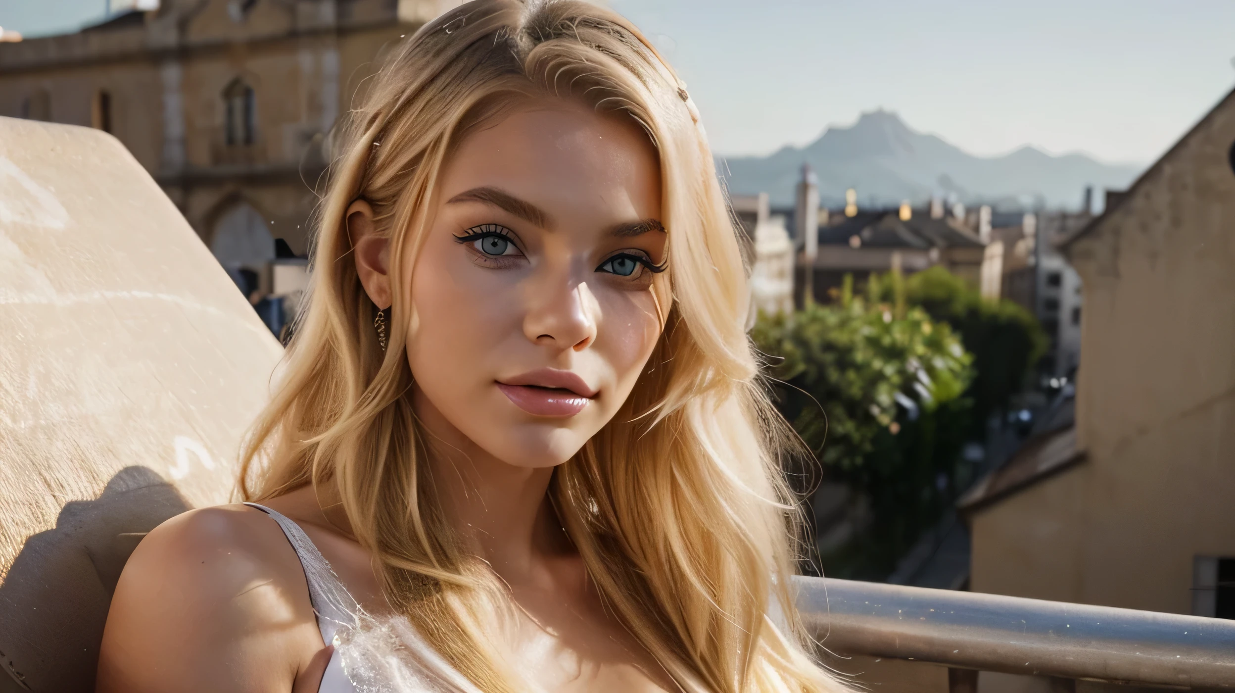 Photorealistic picture of a beauty influencer. She is 24 years old, has blonde hair and blue eyes. She is a luxery traveller and looks like the perfect woman to men.