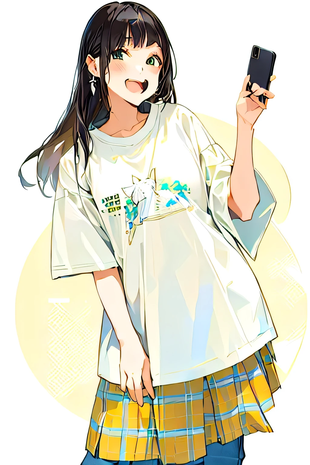 A woman taking a photo wearing a white shirt and a plaid skirt, Short sleeve, T-Shirts!!, Casual clothing, White fashionable clothes, Graphic T-Shirts, Wearing white T-shirts, T-shirts, T-Shirts, wearing a T-Shirts, white T-Shirts, kimono, Cute shirt and jeans, Simple clothes, ( Ivory Black ), Japanese Streetwear,(whole body:1.5),highest quality,