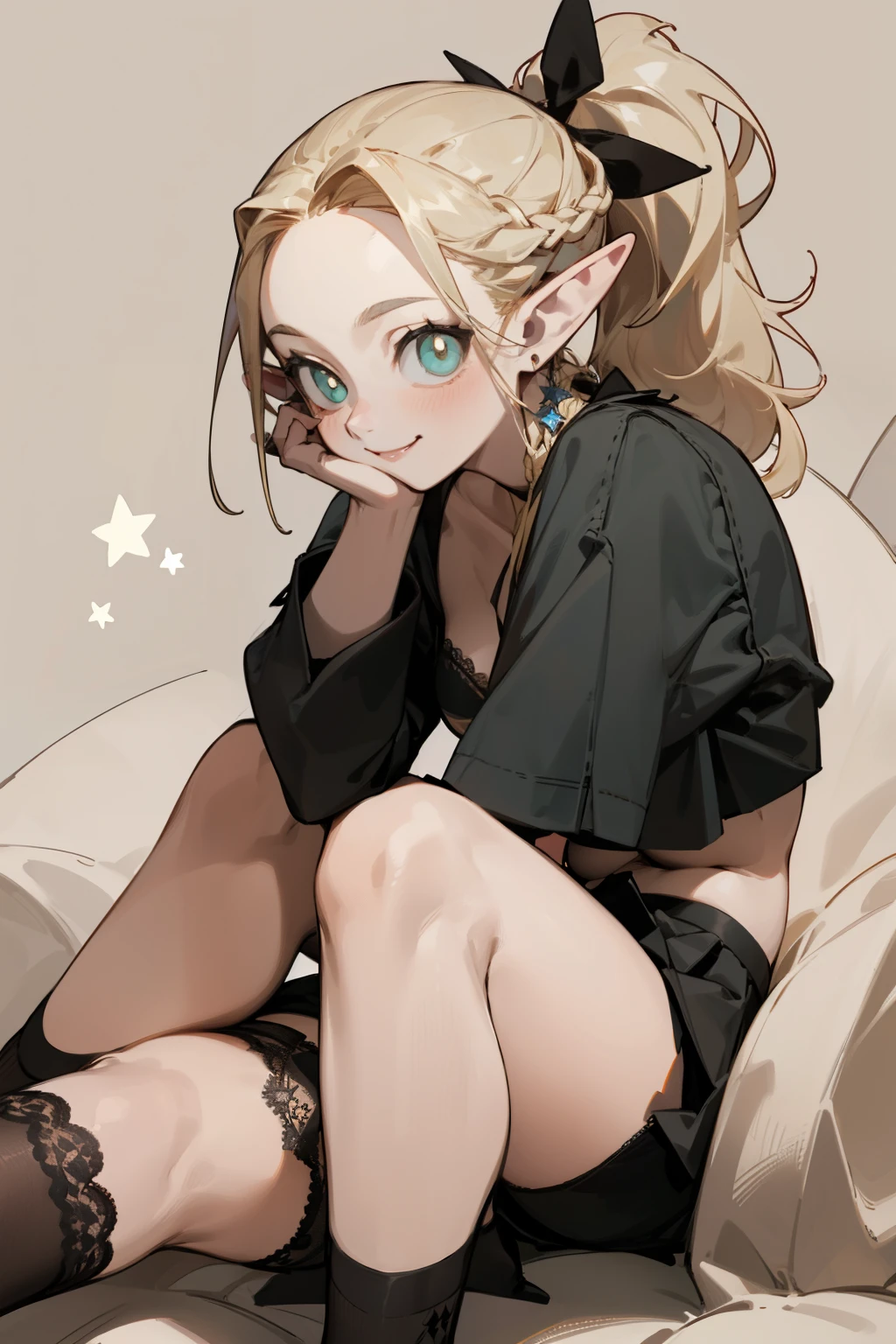 Wearing a black bikini、Wearing a hat,(masterpiece, best quality) detailed,silver accessories , Blonde ,elegant, Pointed ears ,Black shirt,Black pleated skirt,Ponytail,Smile,Star decoration,Lace lace socks,vampire,Lace underwear,Lace stockings