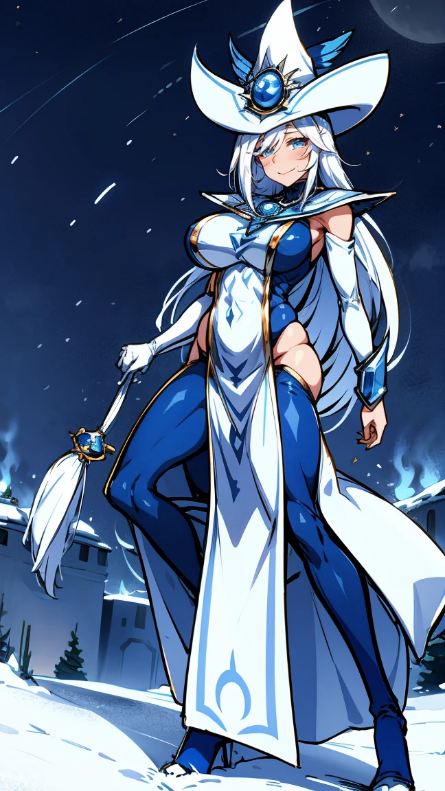 Silent magician, ropa apretada, poca piel visible, ((  ruborizada, sonrisa, oiled skin)),  pelo largo, cabello blanco, (( white hair)), sombrero blanco, Skinny body, chubby girl, big sagging breast , monstruo de duelo, Iparuputsua, de pie en la entrada de un castillo, magic world background, mundo medieval .