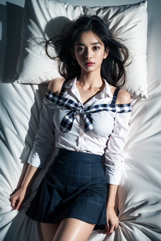 ( Girl lying in bed)，Charming eyes，Operation Warming，Turn your face away from the camera，bend over，bend over，Look back，look up your head，Thick and long black hair，Highly detailed body，The face is rich in detail，Best quality、(P iNK underwear),(High school girls),((Off-the-shoulder semi-sheer white shirt)),(Cleavage coordination),((Navy Check Flared Skirt)),(black)、