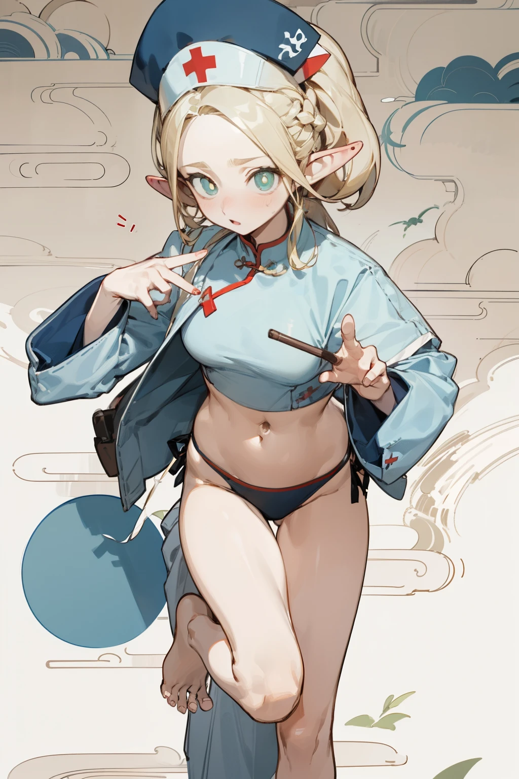 Wearing a bikini、Wearing a hat，(masterpiece, best quality) detailed,silver accessories , Blonde ,elegant, Pointed ears ，Chinese element pattern，Wear a white shirt，,Navel exposed,Barefoot，（Nurse装，Nurse）