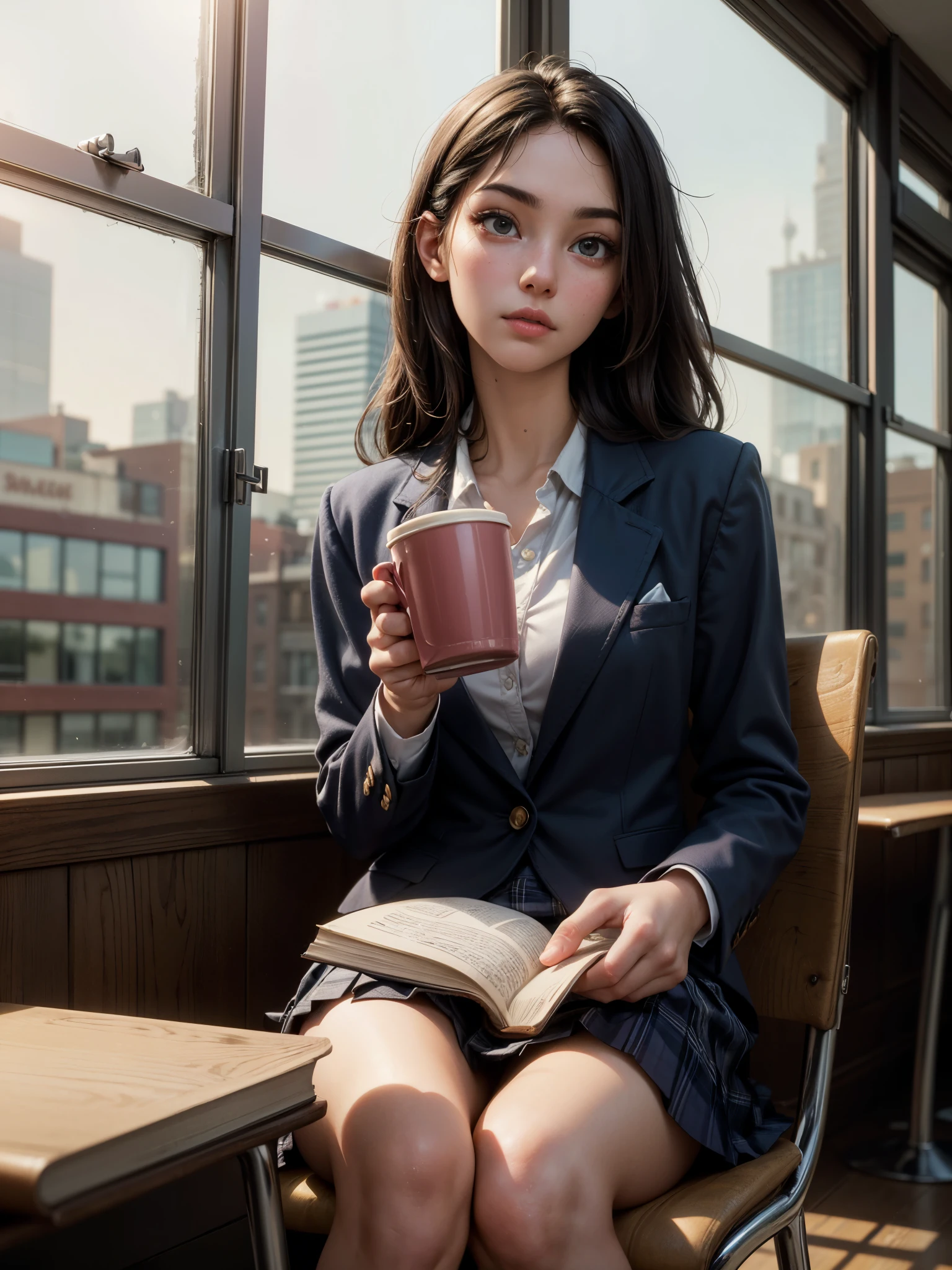 (8K, RAW photo, highest quality, masterpiece: 1.2), High-definition RAW color photo, professional photography, cinematic light, alone, (((young woman, gal))), High school girl drinking coffee at a cafe, (school uniform, collared shirt, blazer, long sleeve, pleated skirt), An illustration, (Portrait), (Detailed facial features), (casually sitting with legs crossed), (comfortable, sipping coffee from a mug), (((There is a book on the table))), (soft background music), (the smell of freshly brewed coffee), artistic bokeh, Sunlight from the window, Beautiful city view outside the cafe, peaceful atmosphere, highest quality, 4k, High resolution, masterpiece:1.2, Super detailed, real:1.37, HDR, (realism:1.37), (High resolution), (Bright colors彩), (studio lighting),(bright atmosphere), professional, Bright colors, Subtle warm tones, soft natural light