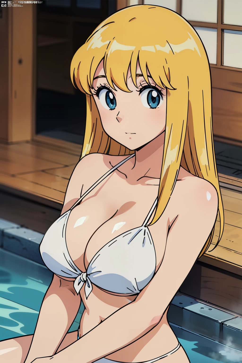 (anime cels style, Masterpiece, best quality, high resolution, anime colored, megami magazine:1.2, anime poster style, anime keyvisual, sharp, 8k, photorealistic), (beautiful eyes:1.5), reiko_aiwaifu, 1girl, blond hair, long hair, (sagging huge breast), (beautiful nude), bikini, cleavage, (upper body, sitting), (perfect detailed anatomy, perfect arms, perfect fingers, beautiful face, perfect body, shiny skin), onsen, 