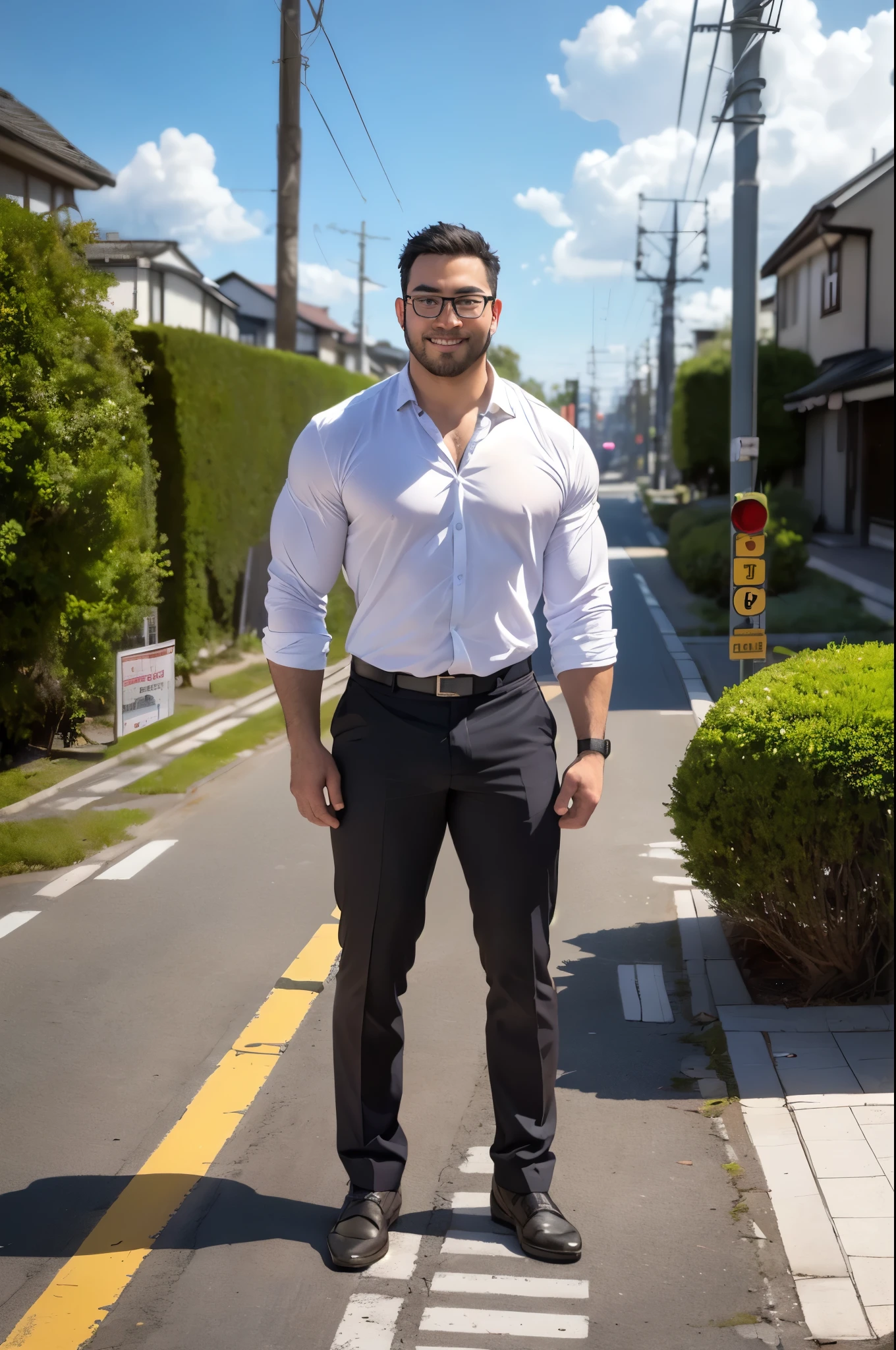 george pei, 1boy, solo, mature male, masterpiece, round face, short beard, stumble, glasses, stocky body, gay bear, big chest, muscular, ((best quality)), ((masterpiece)), ((realistic)),Disney,animation,8k wallpape,A handsome 30-year-old muscular male,broad shoulders,(stocky body),puffy nipple,musclebears,large pectorals, masterpiece,beautiful,extremely detailed,finely detailed,exquisite,(ultra high res),(8k UHD best quality), (realistic, photo-realistic:1.37), depth_of,blurry_background, photo_inset,Dramatic lighting,reference_inset,photo_background,photorealistic,looking_at_viewer,detailed skin,shiny skin,big park,smile,(((full body))),(((white blouse))),train, scenery, road sign, outdoors, sign, traffic light, road, building, crosswalk, ground vehicle, street, motor vehicle, city, lamppost, tree, power lines, car, real world location, sky, utility pole, cityscape, cloud, day, sidewalk, realistic, photo background, photo (medium), japan, kyoto,(((railroad tracks on the road)))