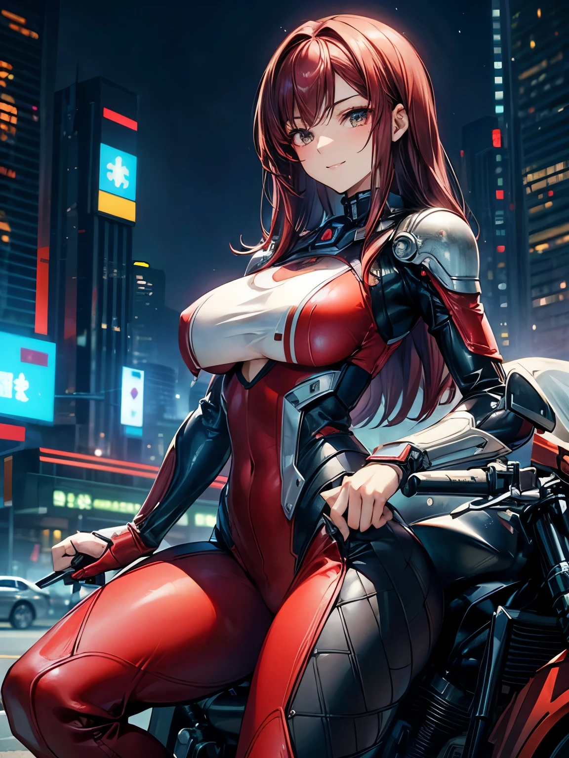 highest quality、Nice sexy body、One Woman、solo、(Beautiful busty woman:1.5)、Medium hair woman、((Woman with dark red hair))、A woman in a mechanical suit、Smiling woman、Future City、A woman riding a futuristic motorcycle