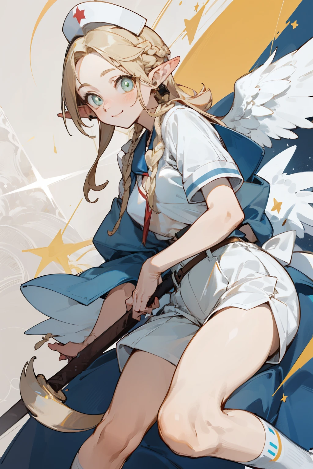 Wearing a bikini、Wearing a hat and a sword, Wearing headphones,(masterpiece, best quality) detailed,silver accessories , Blonde ,elegant, Pointed ears ,White shirt,shorts,Double tail,Waist-length hair,Smile,Star decoration,White lace socks,Angel,Nurse,(Nurse服装)