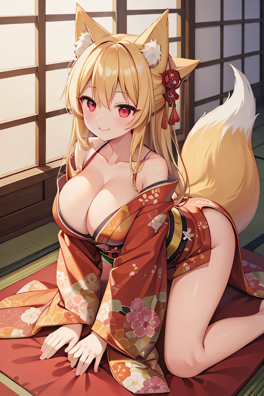 highest quality、smile、Big Breasts、Cleavage、Fox ears、Long blonde、Red Eye、kimono、Japanese-style room、On all fours