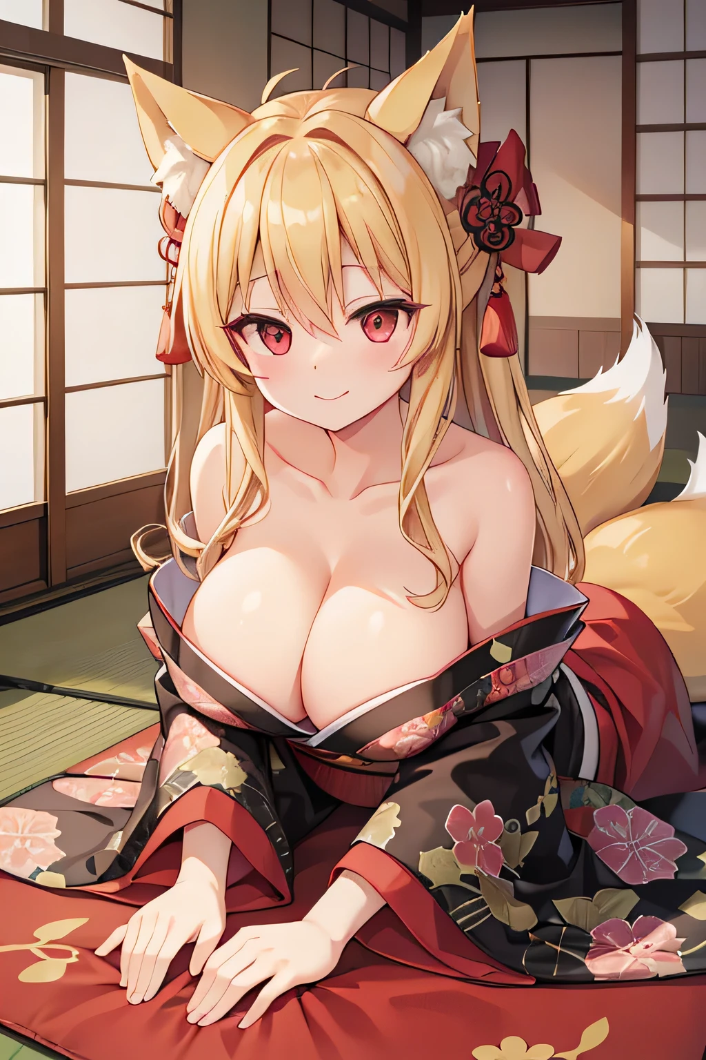 highest quality、smile、Big Breasts、Cleavage、Fox ears、Long blonde、Red Eye、kimono、Japanese-style room、On all fours
