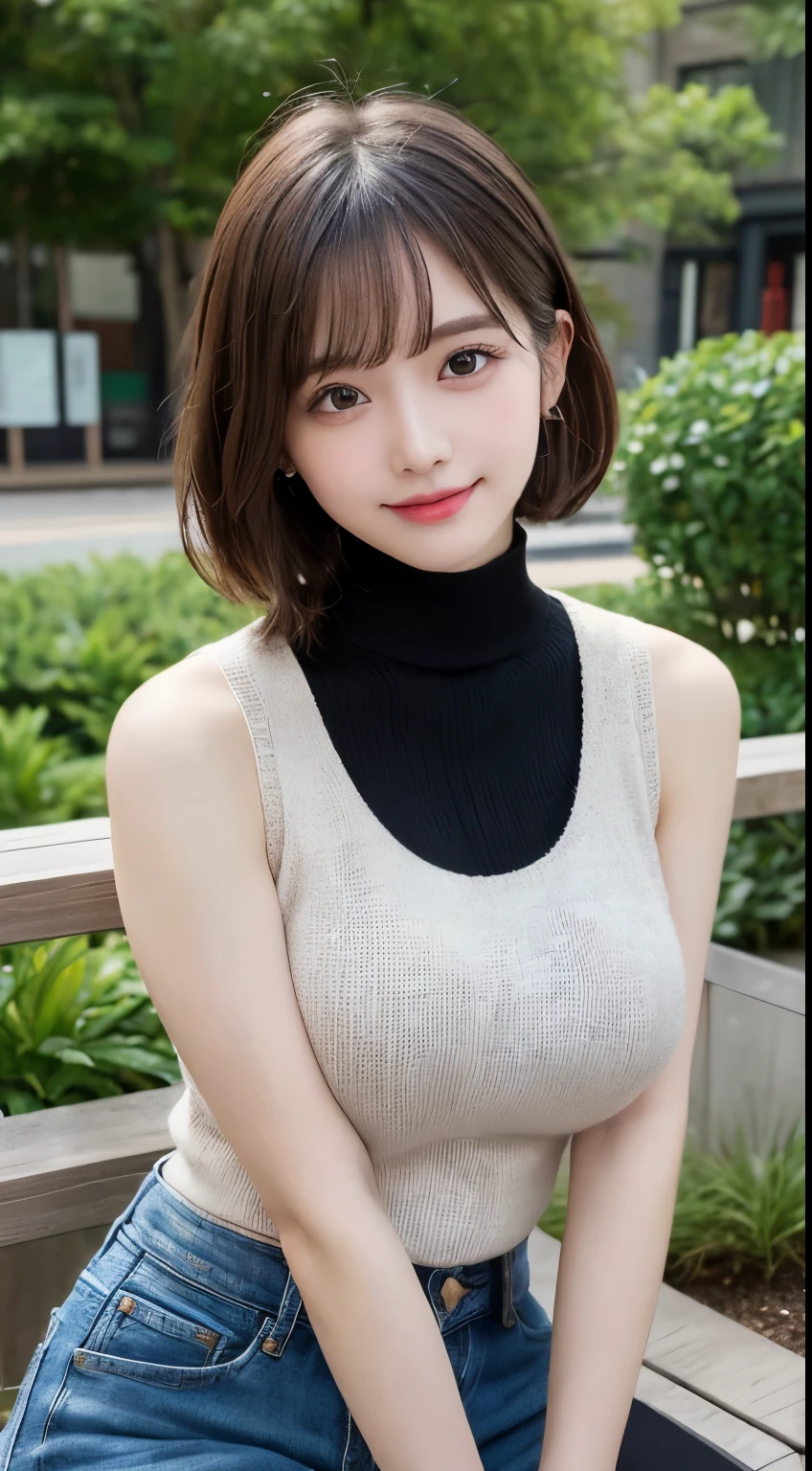 Tabletop、highest quality、figure、 Super detailedな、High resolution、8k wallpaper、Perfect dynamic composition,、Beautiful fine details、Medium Hair、(Beautiful big breasts:1.3)、Natural color lip、Bold sexy pose、smile、Harajuku、20-year-old girl、cute、sexy shot looking at camera、(highest quality: 1.3), (masterpiece: 1.3), (Super detailed: 1.3), (wallpaper, One Girl: 1.1)、(Detailed hands and fingers:1.2)、(Ultra-oily, lustrous skin with attention to detail:1.1)、Oily shiny knee socks、(Perfect beautiful black sleeveless high neck knit top:1.4)、Denim shorts、Brown Hair、short hair、Swinging Hair、Beautiful sister、(garden:1.2)、(Beautiful big breasts:1.2) 、((Sleep on your back)),Raise your arms