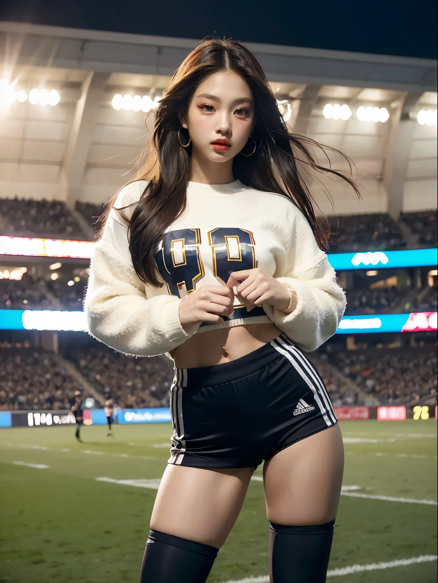 Masterpiece, superlative, realistic, Jennie wearing trendy football uniforms, knitwear, football shorts, HD, photography lighting, 16k