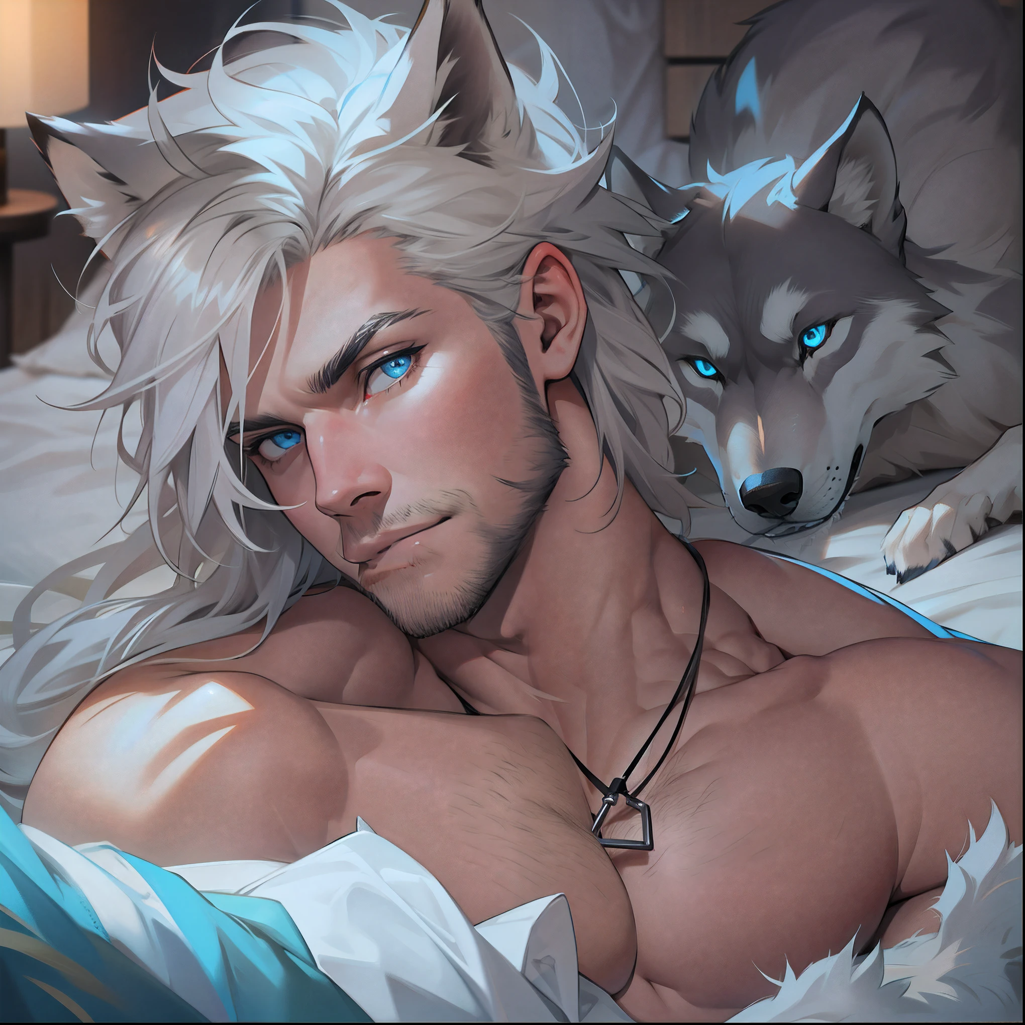 athletic Male with light beard, has flowing white hair, has wolf ears, has wolf tail, shirtless, playful, solo, alone, has bright blue eyes, , relaxing on a bed, wearing leather collar