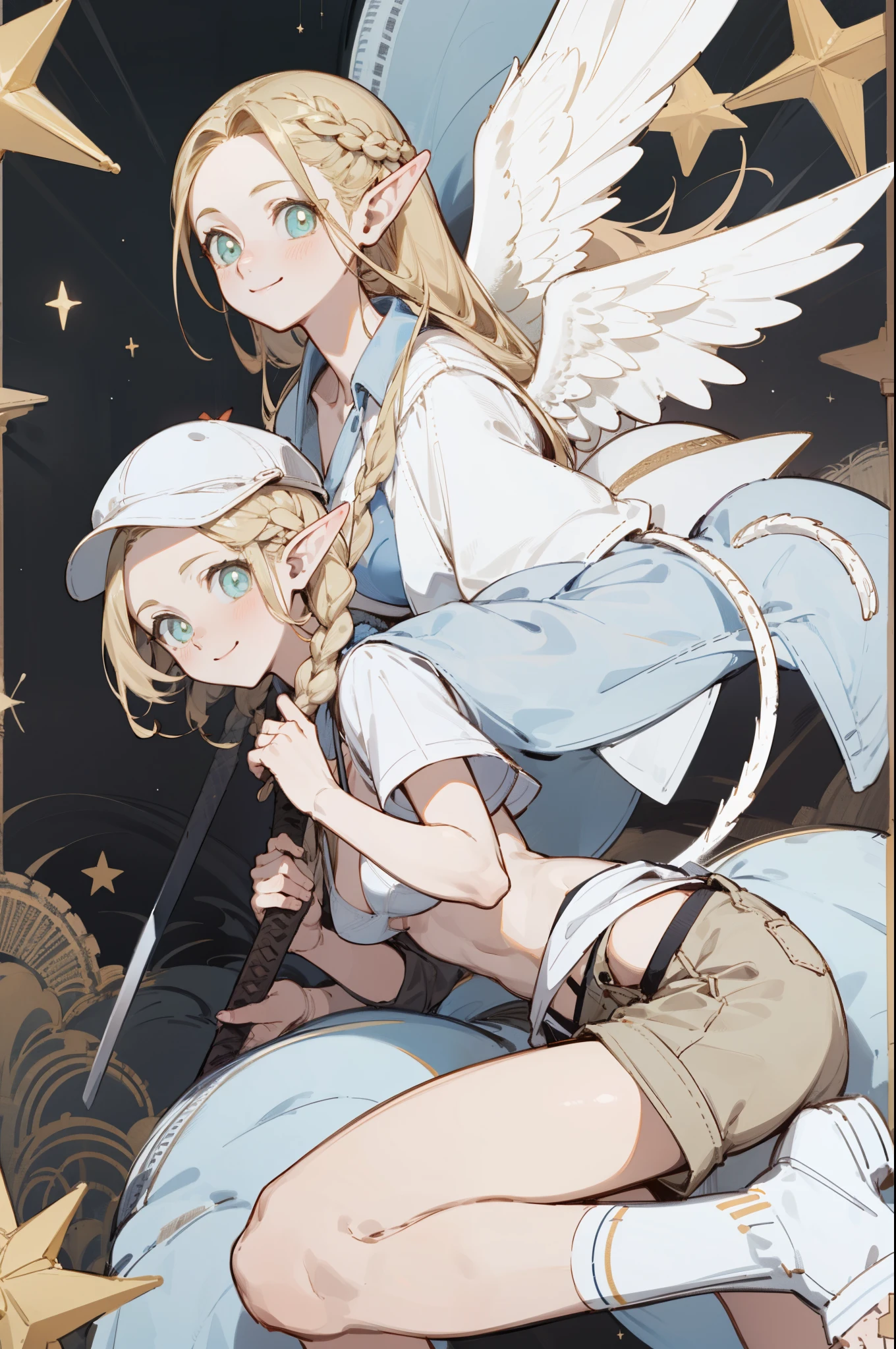 Wearing a bikini、Wearing a hat and a sword, Wearing headphones,(masterpiece, best quality) detailed,silver accessories , Blonde ,elegant, Pointed ears ,shorts,Double tail,Waist-length hair,Smile,Star decoration,White lace socks,Angel,bandage,Cross,cross