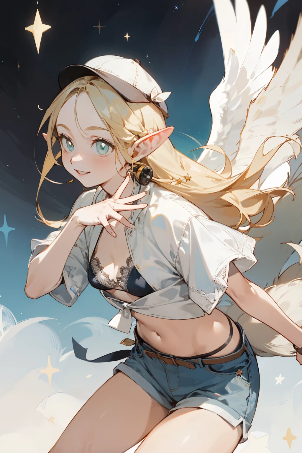 Wearing a bikini、Wearing a hat and a sword, Wearing headphones,(masterpiece, best quality) detailed,silver accessories , Blonde ,elegant, Pointed ears ，White shirt，shorts，Double tail，Waist-length hair，Smile，Star decoration，White lace socks，Angel，