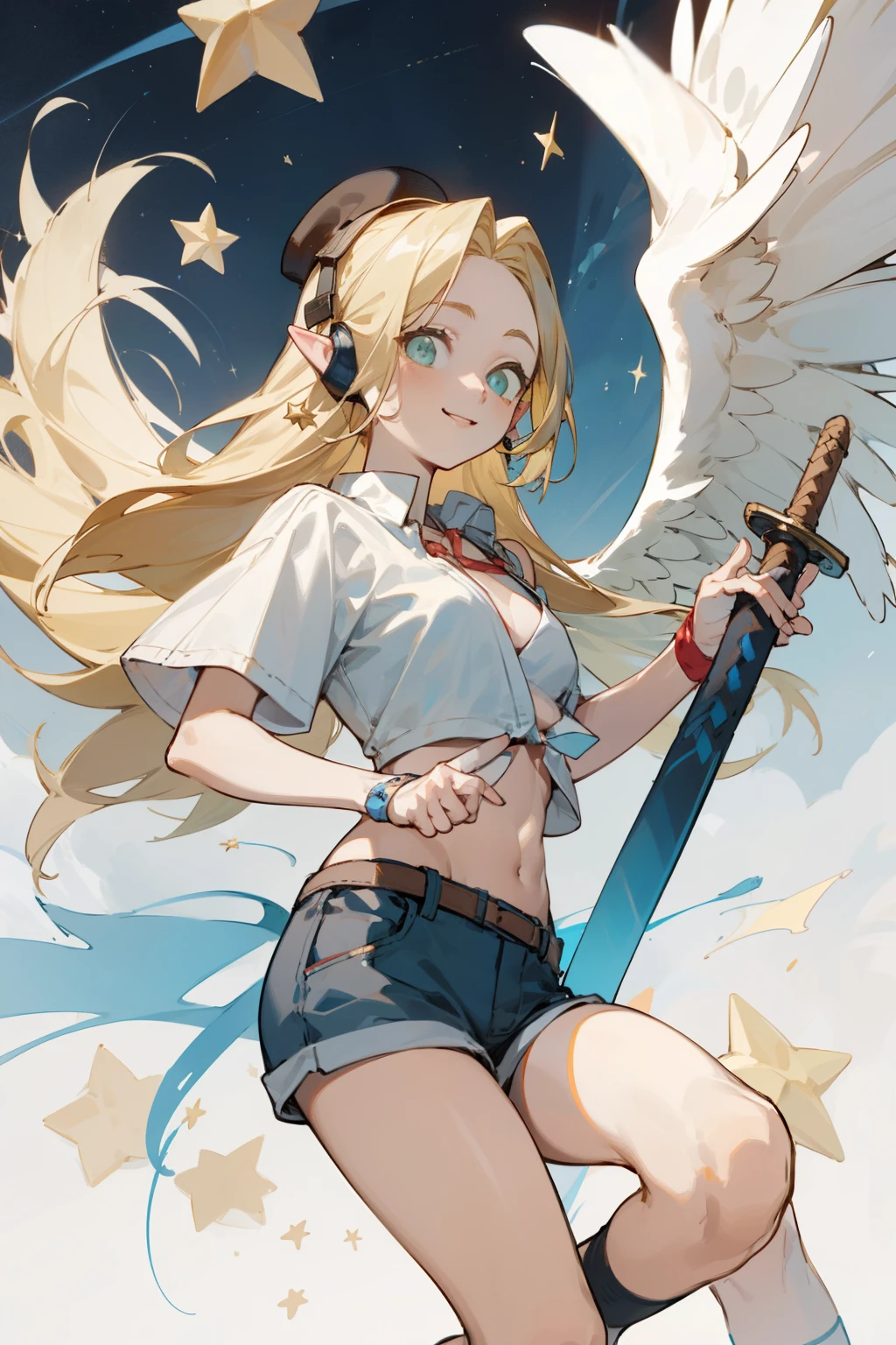 Wearing a bikini、Wearing a hat and a sword, Wearing headphones,(masterpiece, best quality) detailed,silver accessories , Blonde ,elegant, Pointed ears ,White shirt,shorts,Double tail,Waist-length hair,Smile,Star decoration,White lace socks,Angel,