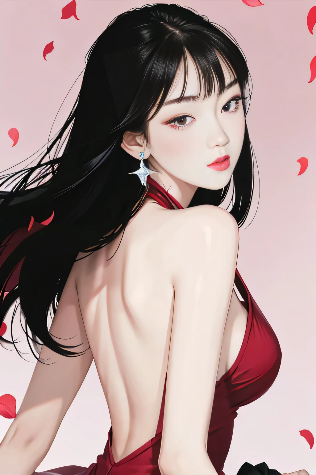 tsuruta ichiro, Narrow-eyed, 1girl in, Allback、deadpan、short-hair、shorth hair、brow、Reluctance、A dark-haired、Tucked Hair Solo, Cowgirl, Onepiece, ((mideum breasts)), Thin slit eyes、Black eyes, Light shines on the eyes、Black hair, gloves, Dress, Luxurious Jewelry, earrings, sharp eye、 elbow groves,Raise your hands and tie your hair back, random color, random color dress, Makeup for long eyes, Slender eyes、lip stick, Complex petal pattern, Rim Light, Back Light, pastel color,Studio Lighting