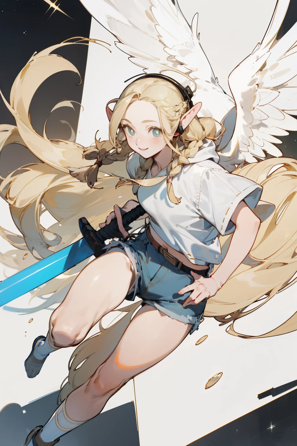 Wearing a bikini、Wearing a hat and a sword, Wearing headphones,(masterpiece, best quality) detailed,silver accessories , Blonde ,elegant, Pointed ears ，White shirt，shorts，Double tail，Waist-length hair，Smile，Star decoration，White lace socks，Angel，