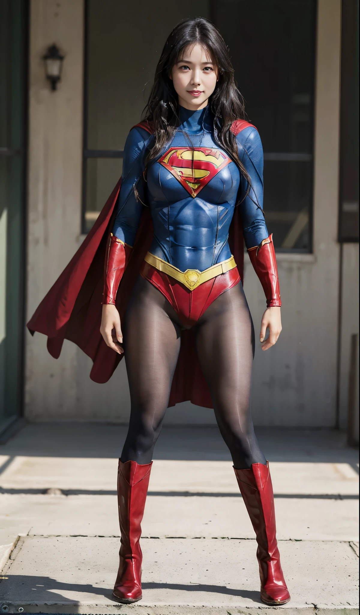 No background、(((Beautiful legs in black tights.)))、(((Legally express the beauty of your smile)))、((((Make the most of your original images)))、(((Supergirl Costume)))、(((Beautiful Hair)))、(((suffering)))、(((Please wear black tights....、Wear red boots)))、((Best image quality、8k))、((highest quality、8k、masterpiece:1.3))、(((Preserve background )))、Sharp focus:1.2、Beautiful woman with perfect figure:1.4、Slim Abs:1.2、Wet body:1.5、Highly detailed face and skin texture、8k