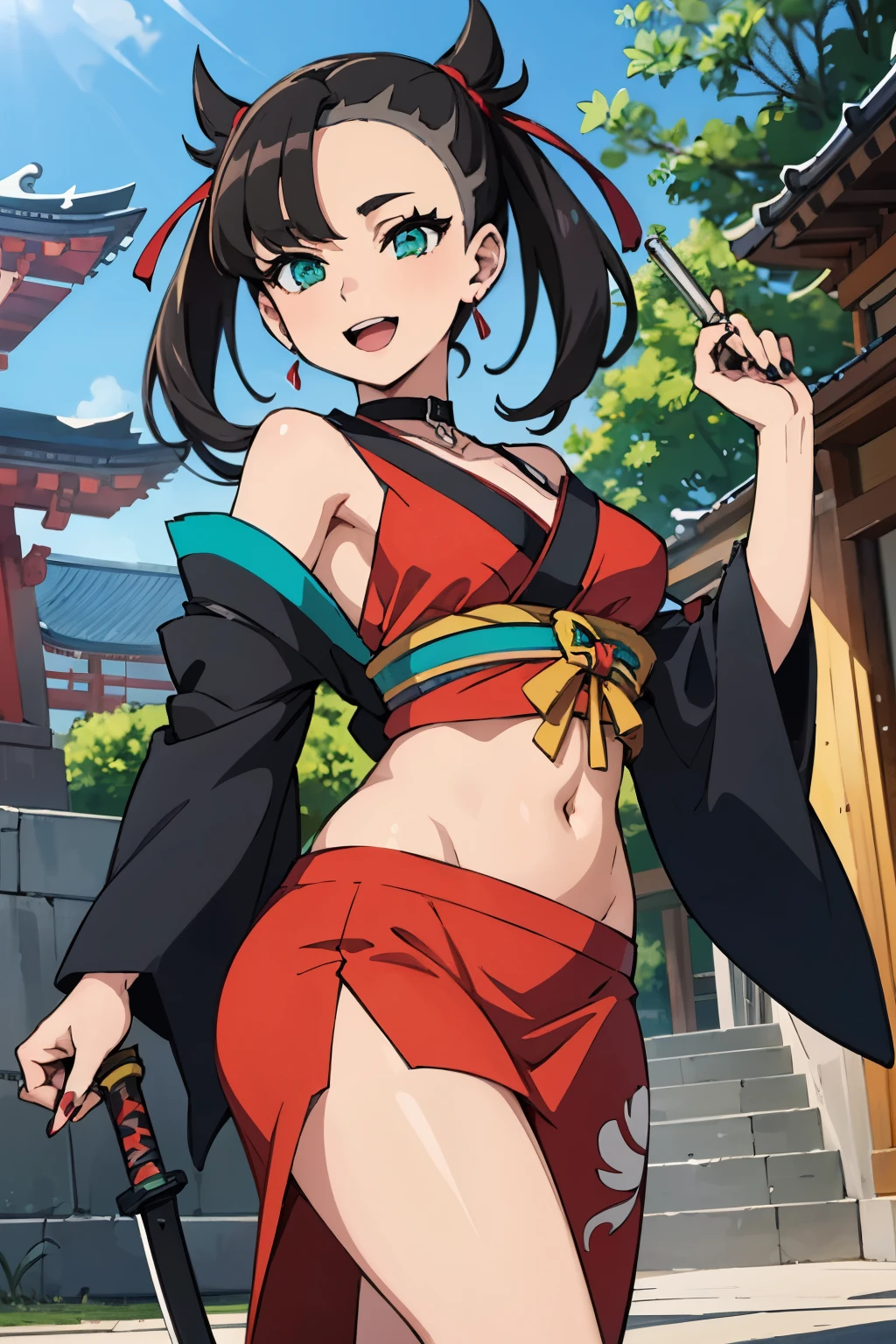  marnie pokemon, marnie \(pokemon\), teal eyes, green eyes, black hair, medium hair, asymmetrical bangs, black choker, red hair ribbons, earrings, black nail polish, medium breast,  masterpiece, best quality, highly detailed, a anime girls in kimono dress with a sword posing for a
picture, bare shoulder,open kimono, evil smile, open mouth, crop top , , smile,
ecchi anime style, anime girls, ecchi style, ecchi, digital anime art!!, in anime style, official artwork, visual
novel cg, beautiful anime girl, anime style 4 k, kimono pencil skirt, exposed belly, exposed navel,
exposed midriff, exposed lower belly, outdoor, japanese architecture, temple